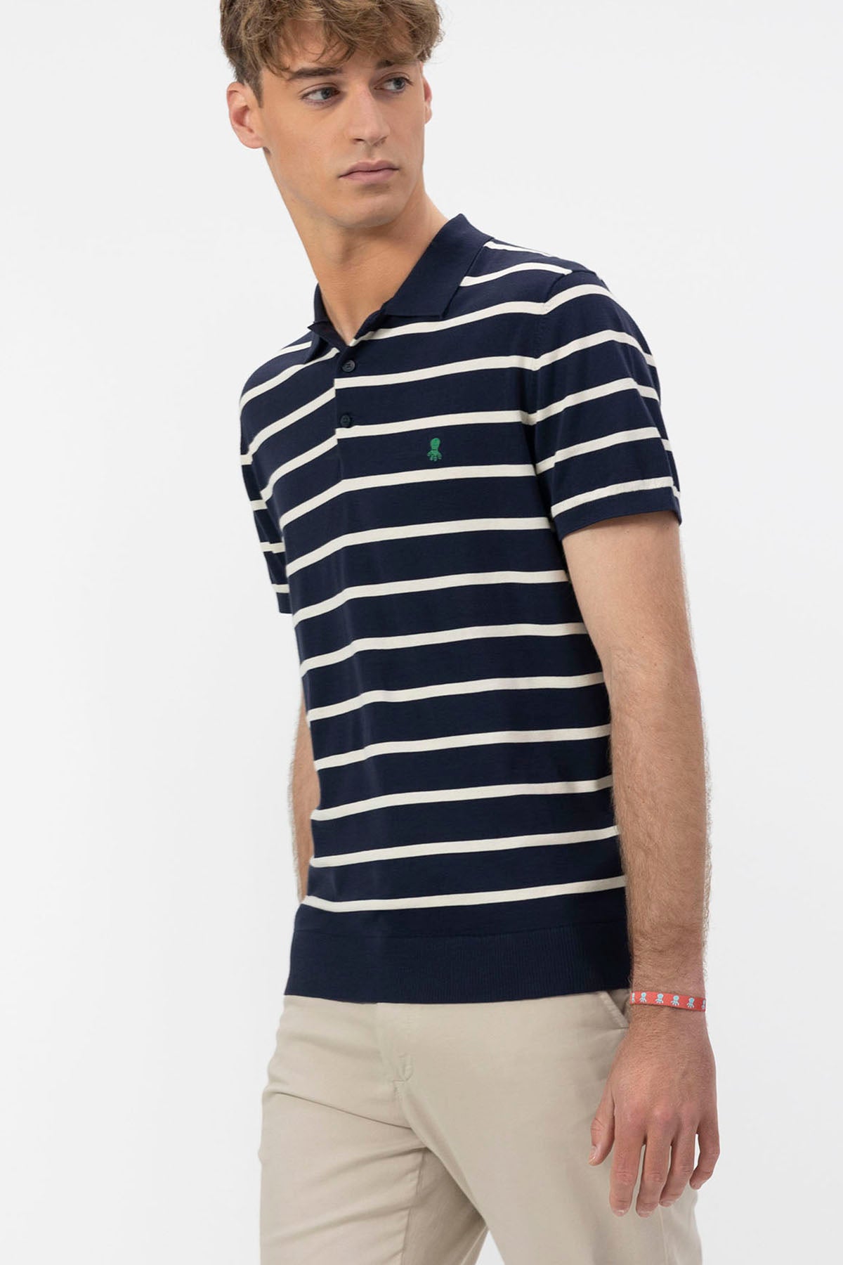 EXTRA-FINE KNITTED POLO SHIRT WITH NAVY BLUE STRIPES