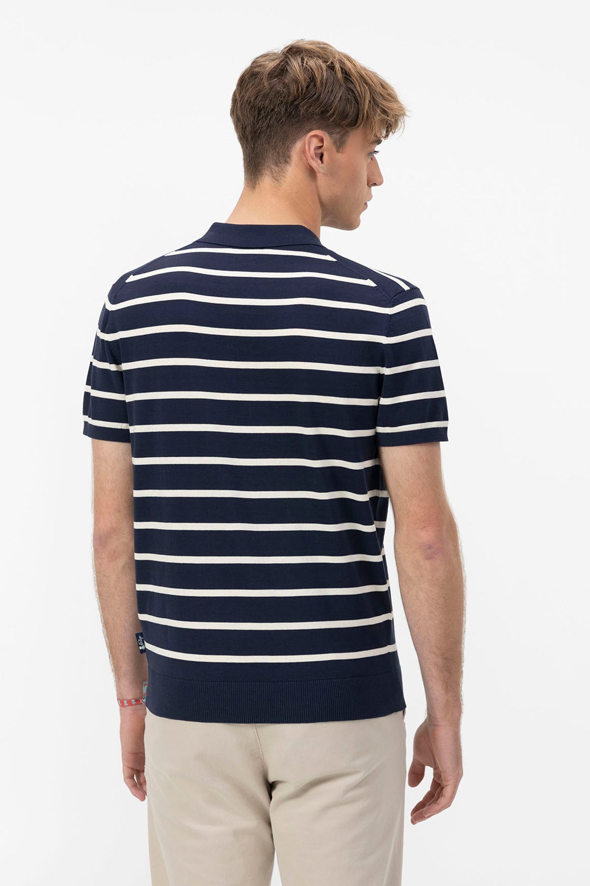 EXTRA-FINE KNITTED POLO SHIRT WITH NAVY BLUE STRIPES