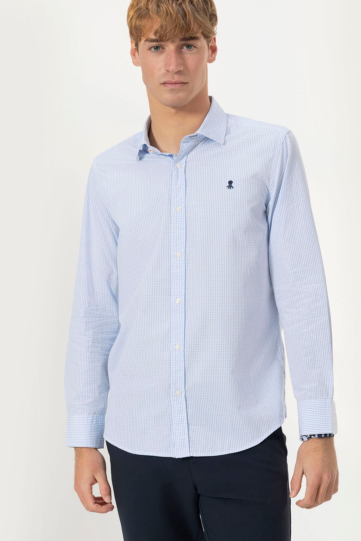 CAMISA POPELIN CUELLO ITALIANO VICHY AZUL