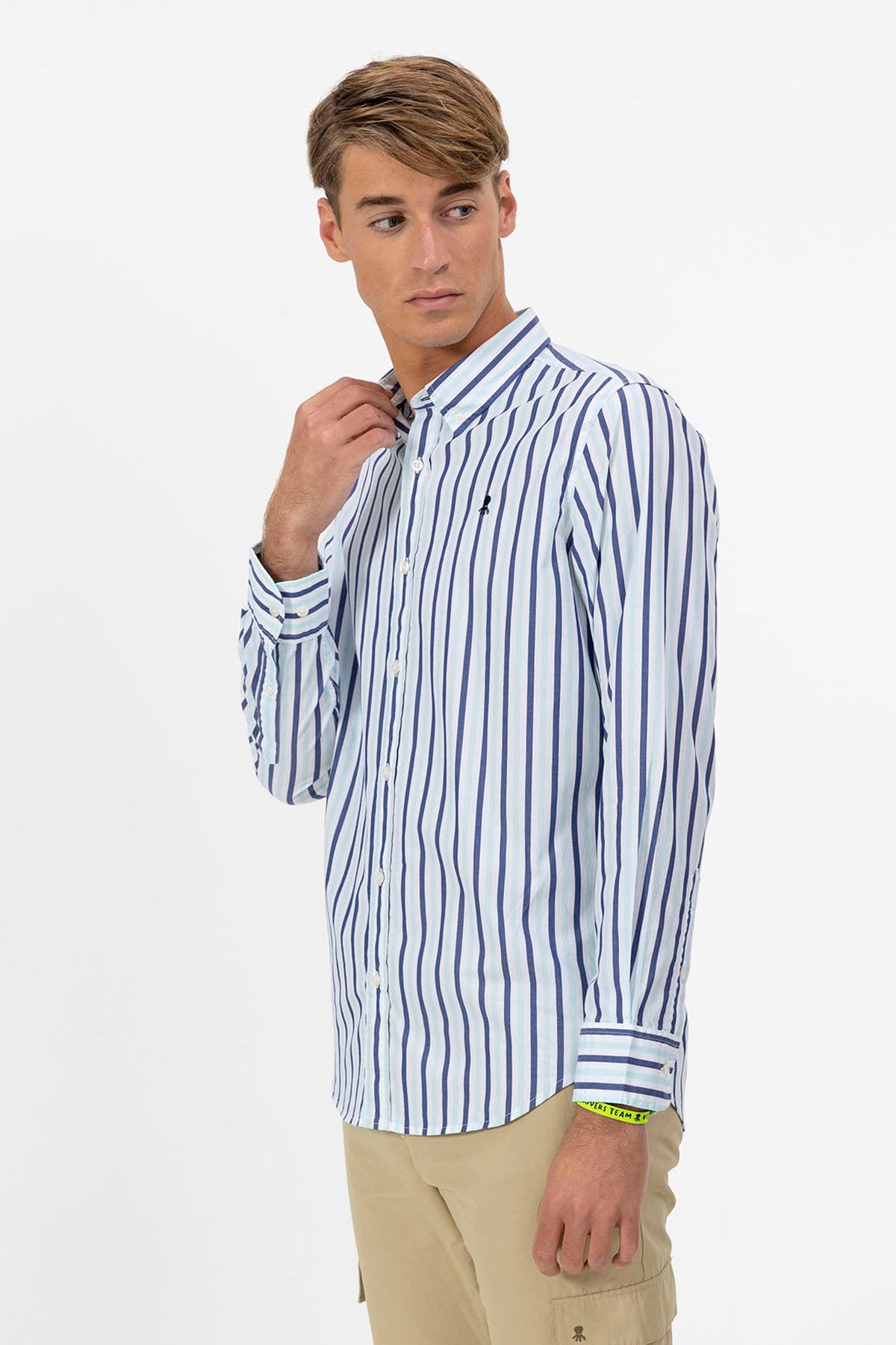 POPLIN BUTTON COLLAR SHIRT WITH TURQUOISE BLUE STRIPES