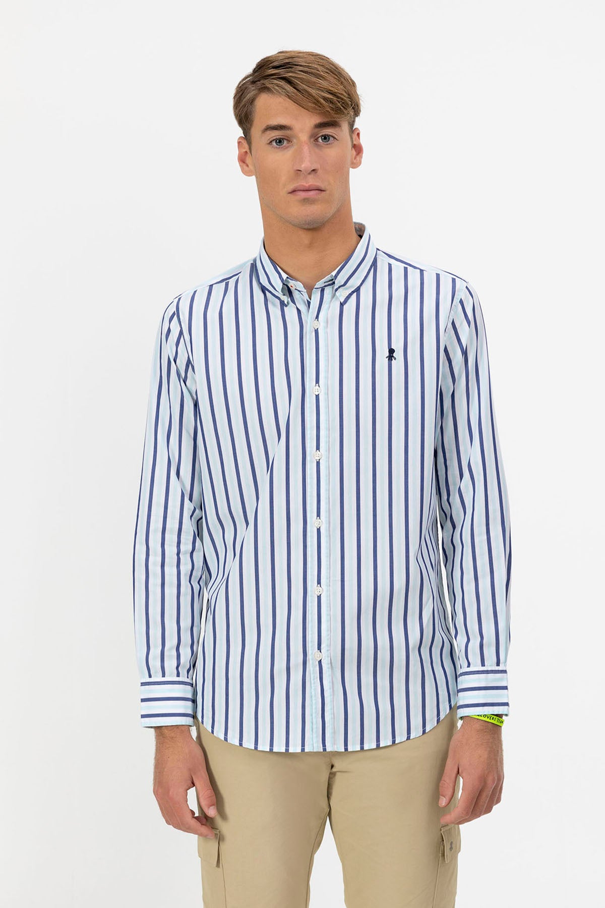 POPLIN BUTTON COLLAR SHIRT WITH TURQUOISE BLUE STRIPES