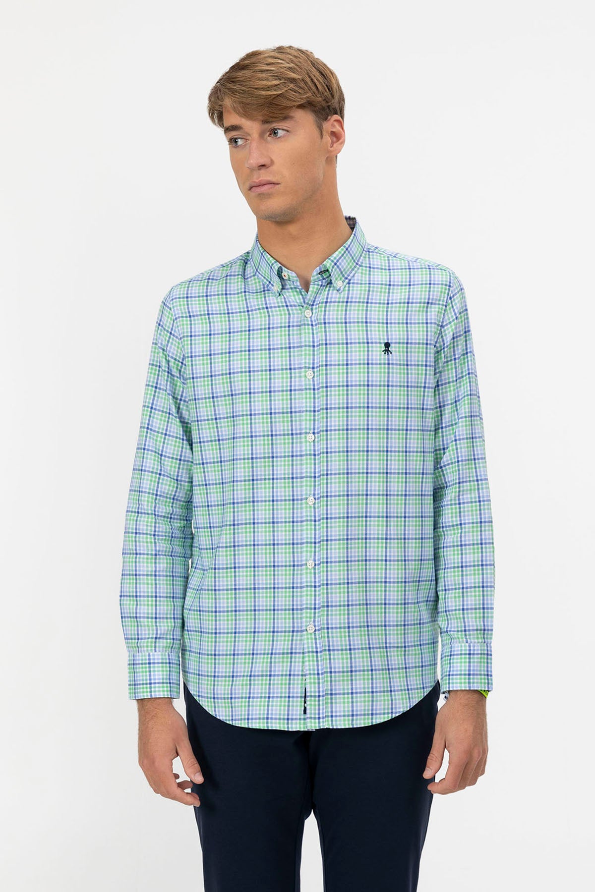 CAMISA POPELIN CUELLO BOTÓN CUADRO AZUL MULTICOLOR