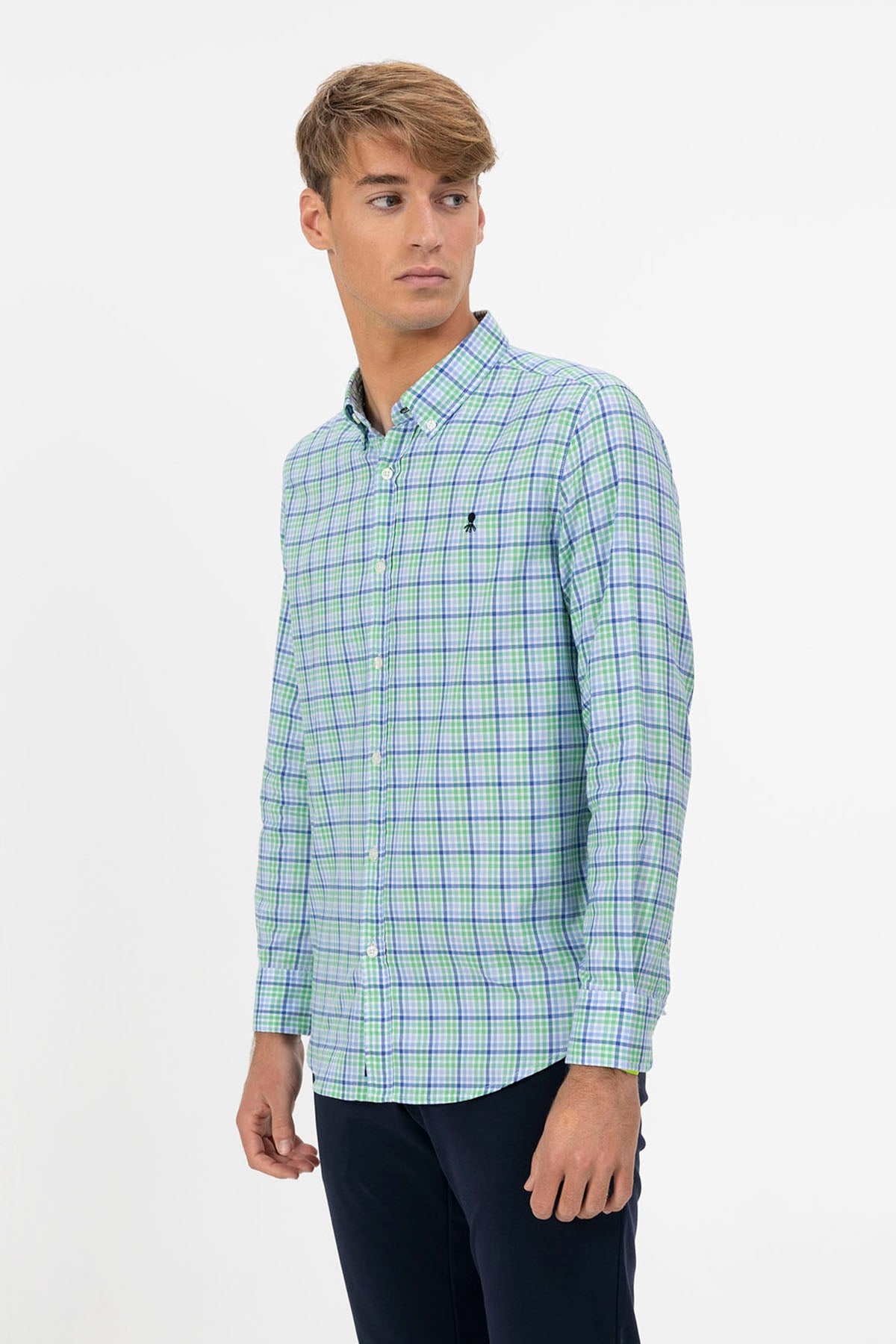 POPLIN SHIRT WITH BUTTON COLLAR AND BLUE CHECK MULTICOLOR