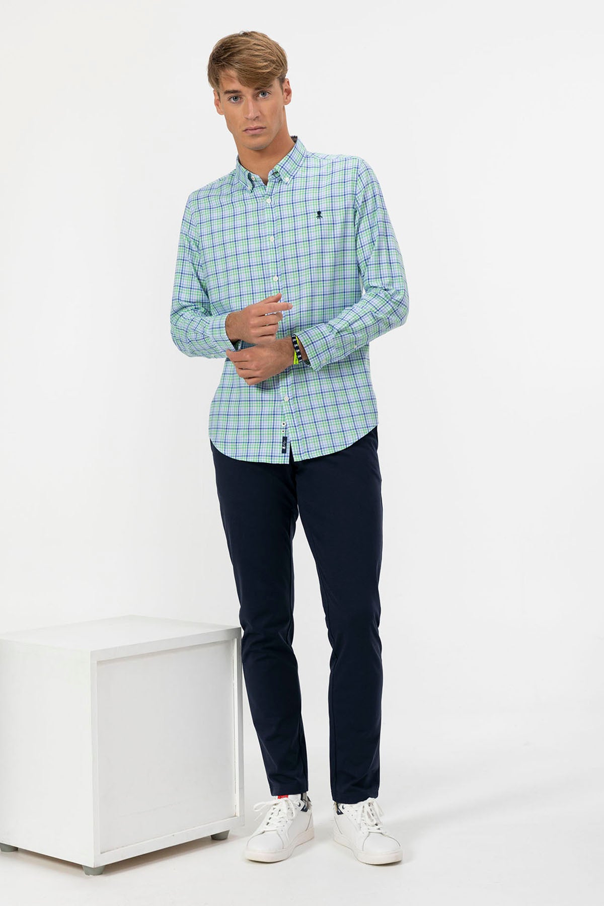 POPLIN SHIRT WITH BUTTON COLLAR AND BLUE CHECK MULTICOLOR