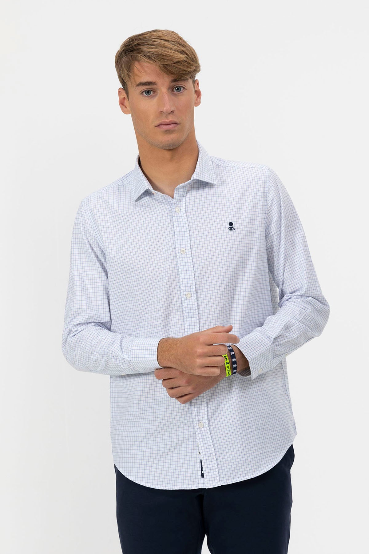 WHITE POPLIN SHIRT WITH NAVY BLUE MINI CHECK