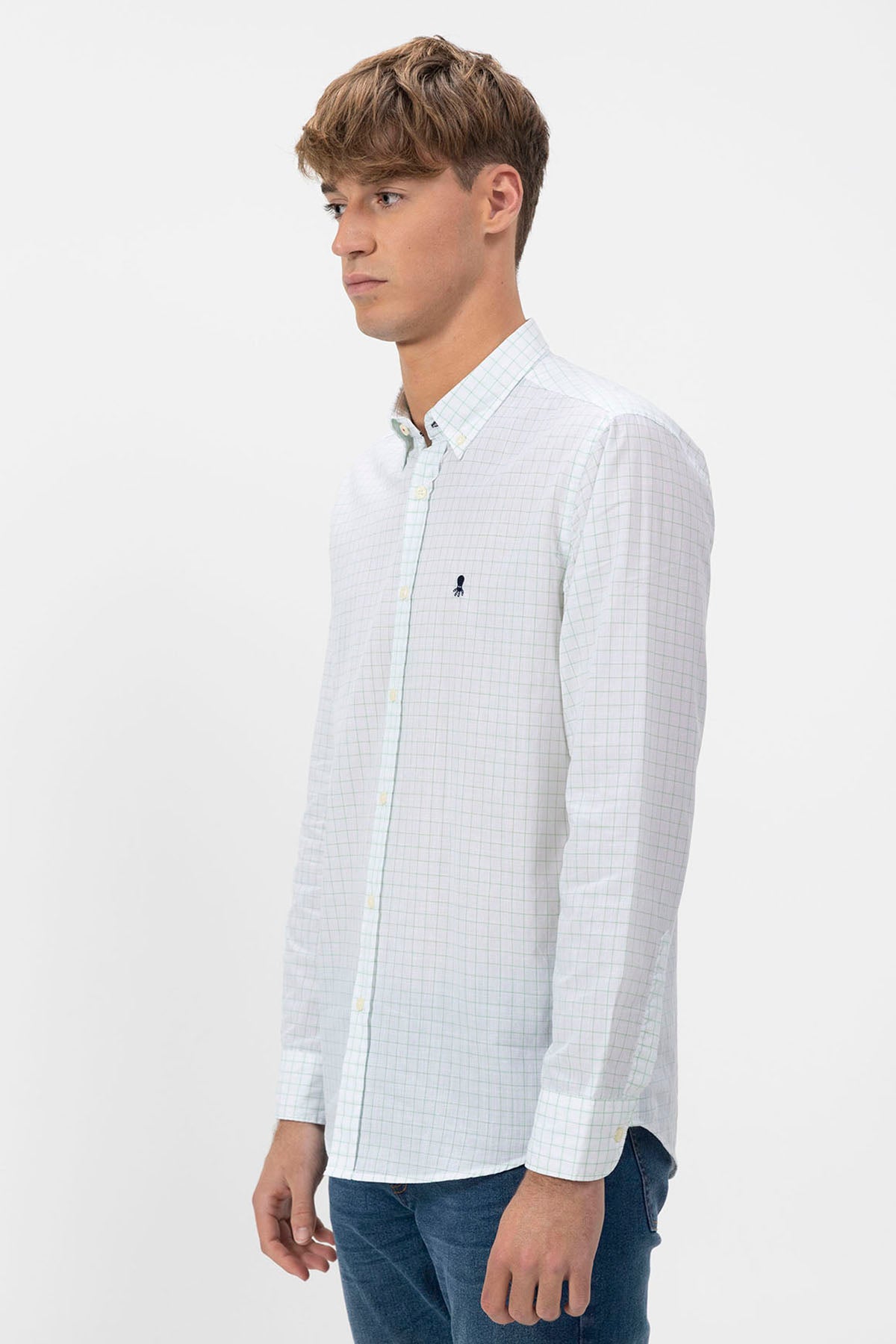 GREEN WINDOW CHECK POPLIN BUTTON COLLAR SHIRT