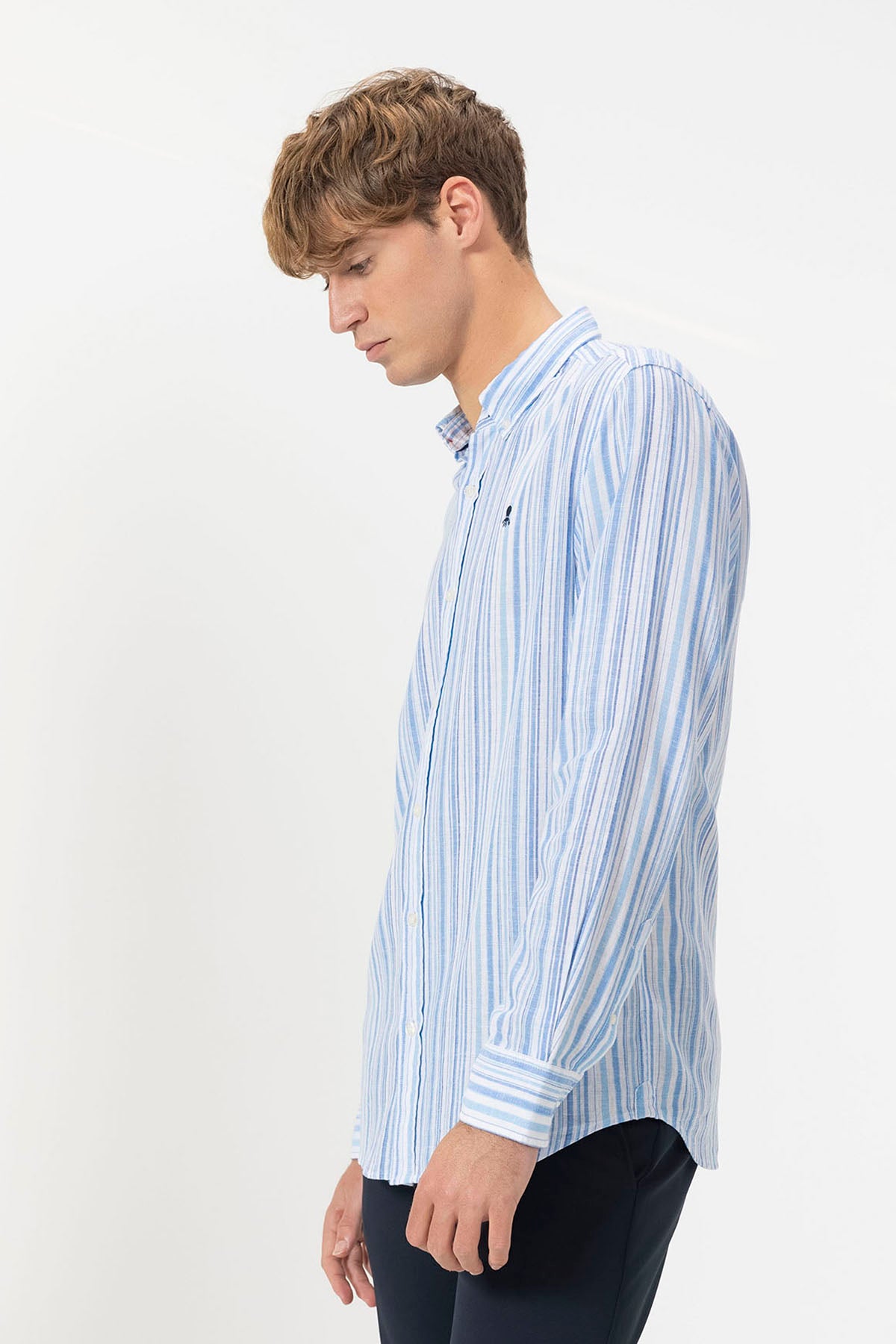 BUTTON-NECK SHIRT LINEN MULTI-STRIPES BLUE MULTICOLOR