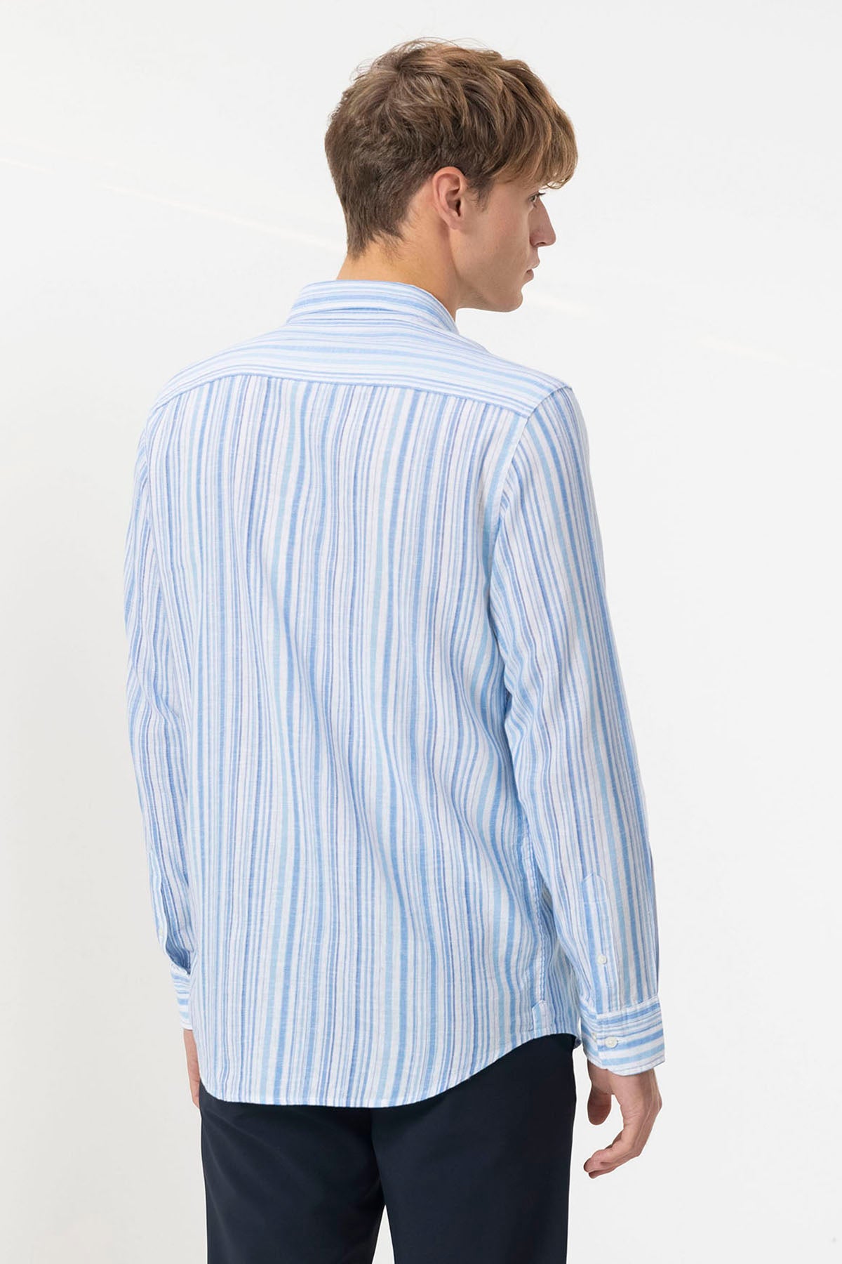 BUTTON-NECK SHIRT LINEN MULTI-STRIPES BLUE MULTICOLOR