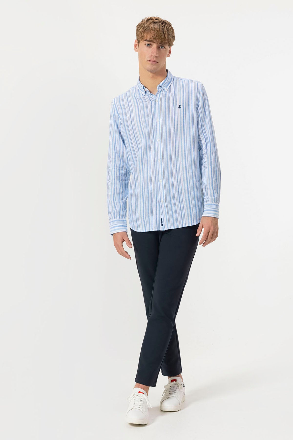 BUTTON-NECK SHIRT LINEN MULTI-STRIPES BLUE MULTICOLOR