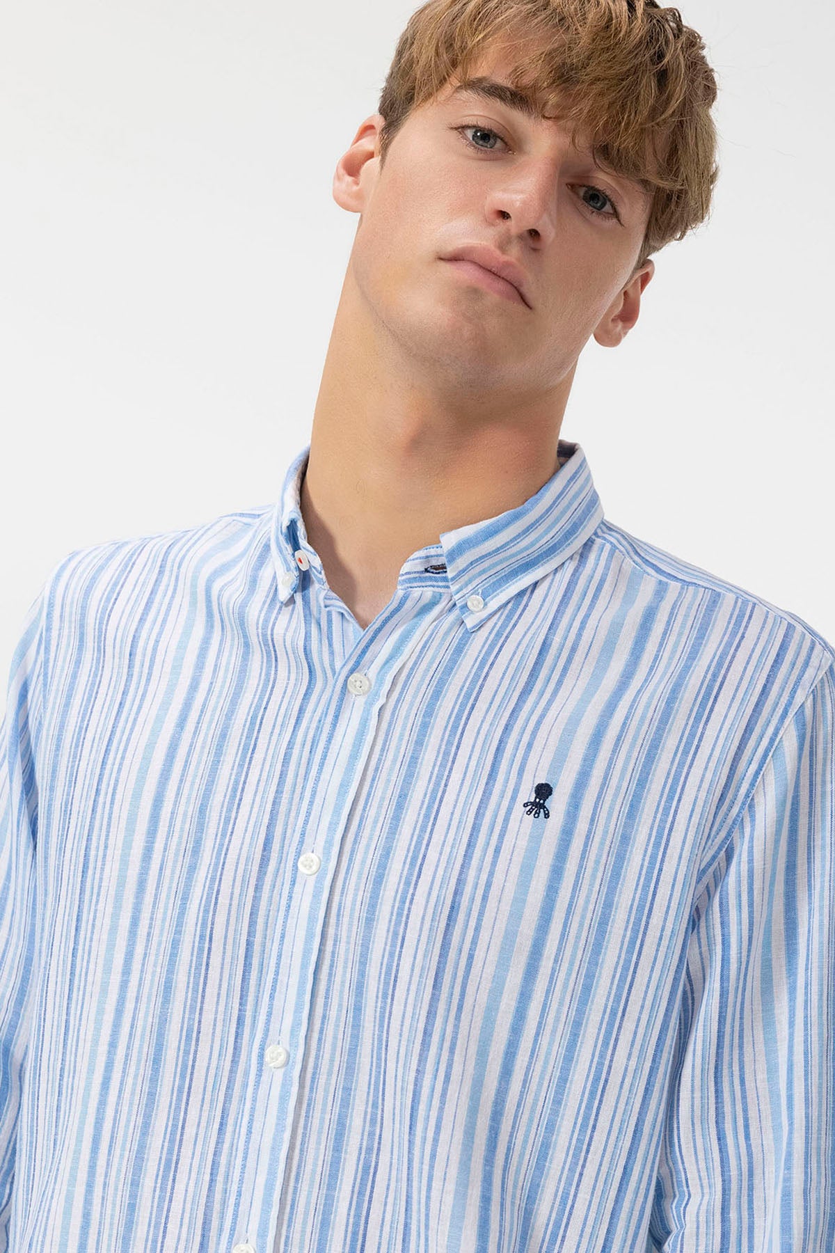 BUTTON-NECK SHIRT LINEN MULTI-STRIPES BLUE MULTICOLOR