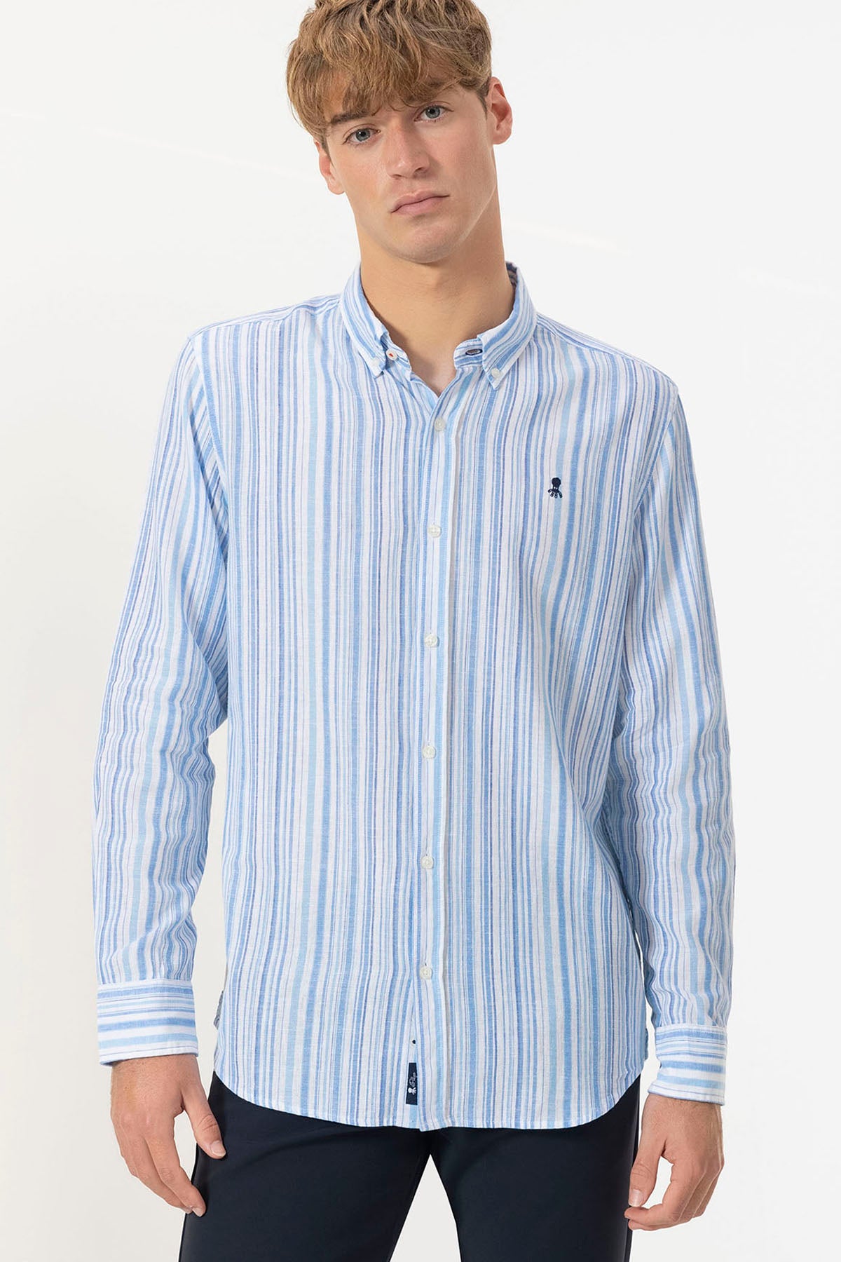 BUTTON-NECK SHIRT LINEN MULTI-STRIPES BLUE MULTICOLOR