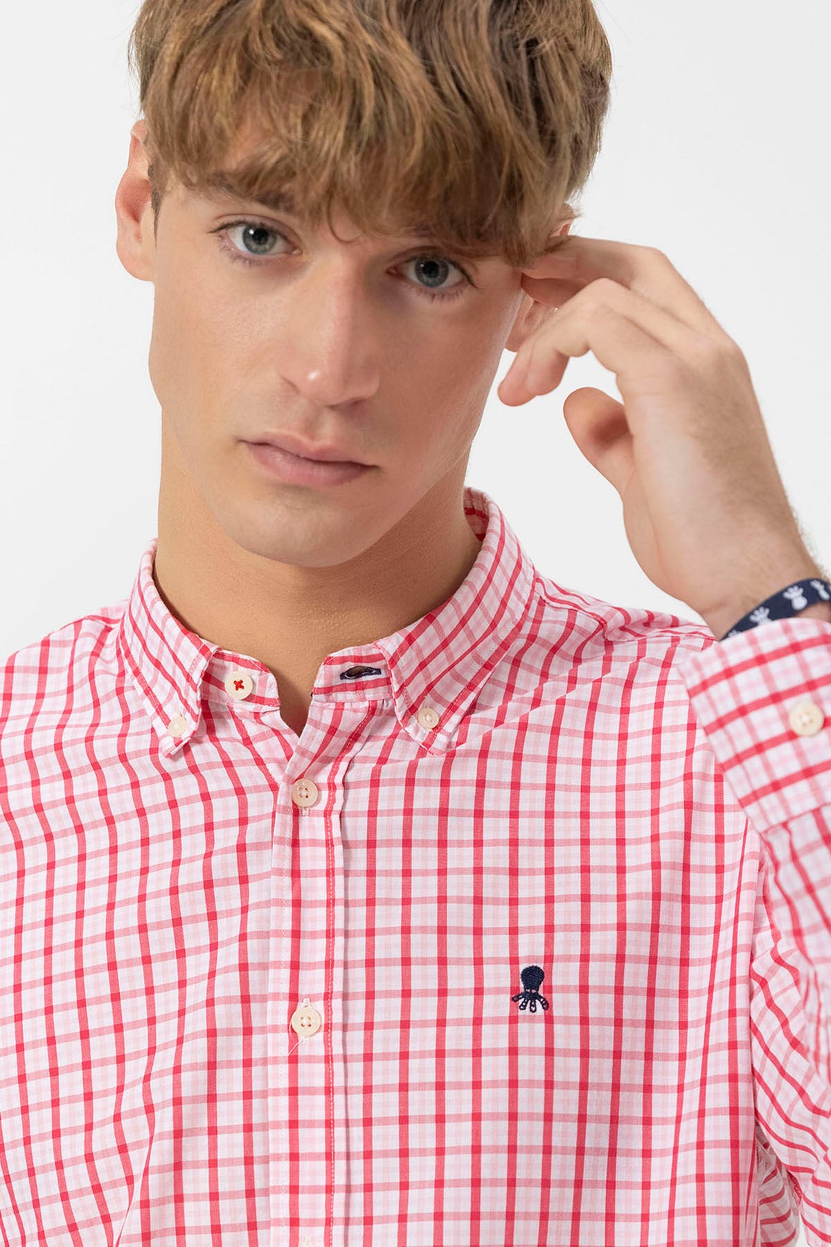 PINK CHECK POPLIN BUTTON-UP COLLAR SHIRT