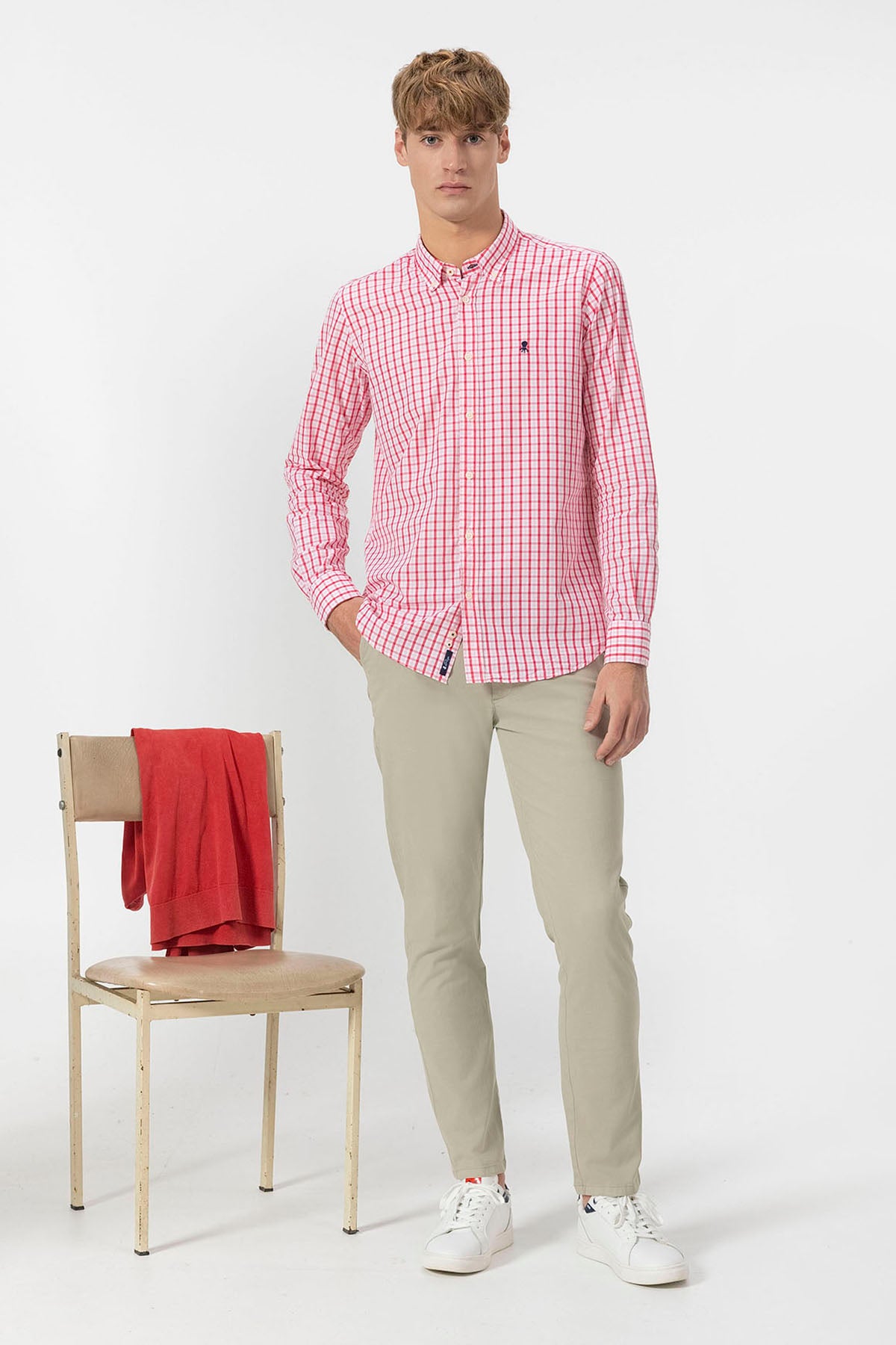 PINK CHECK POPLIN BUTTON-UP COLLAR SHIRT