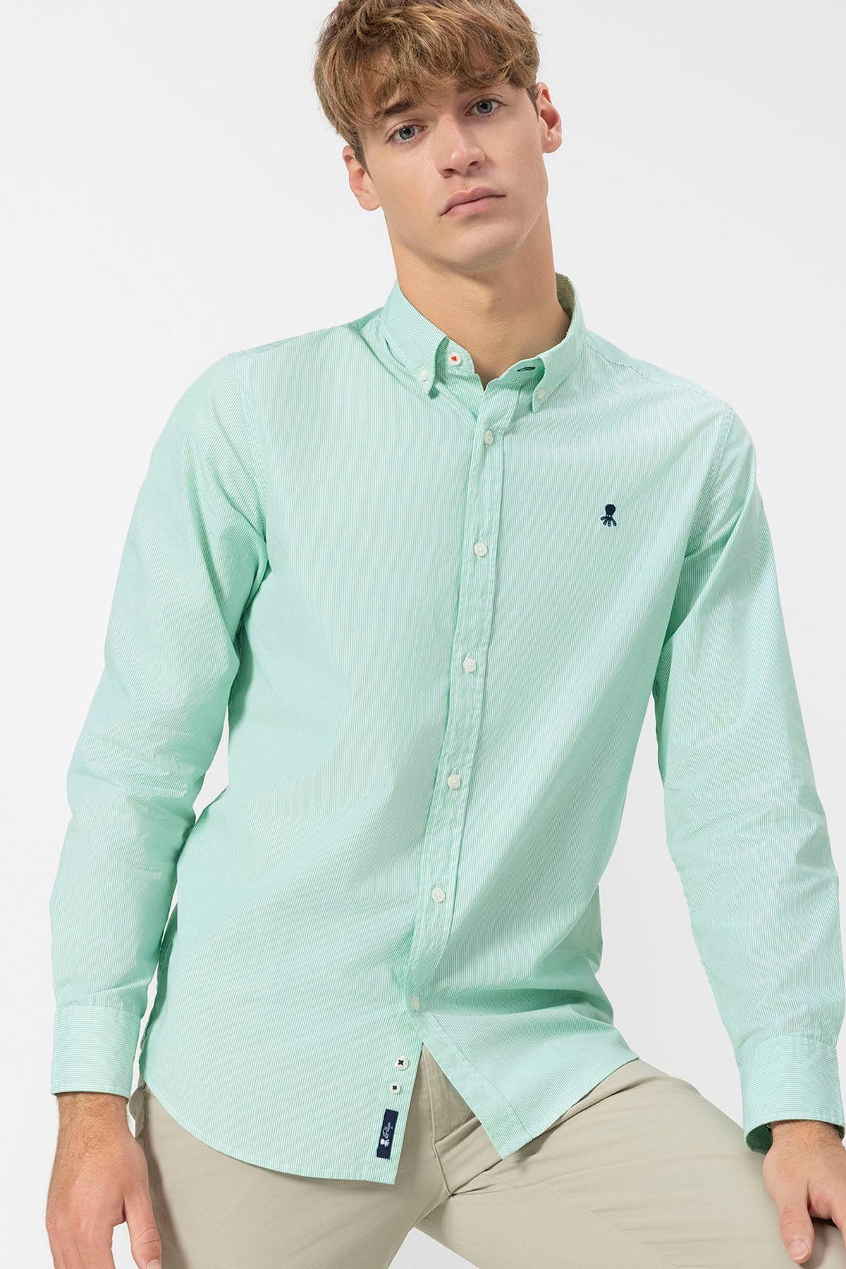 CAMISA CUELLO BOTÓN POPELIN MILRAYAS VERDE