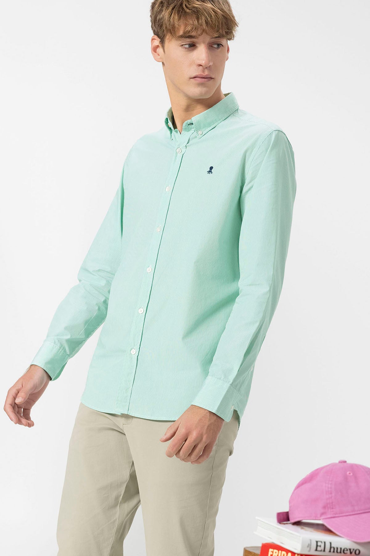 GREEN STRIPED POPLIN BUTTON-UP COLLAR SHIRT