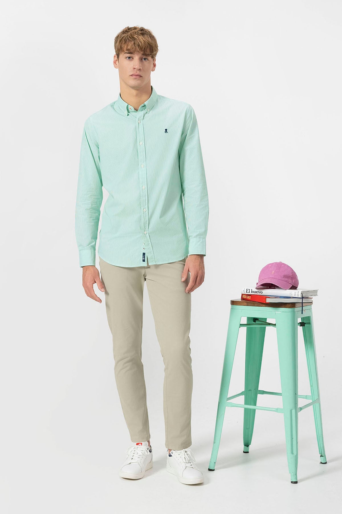 GREEN STRIPED POPLIN BUTTON-UP COLLAR SHIRT