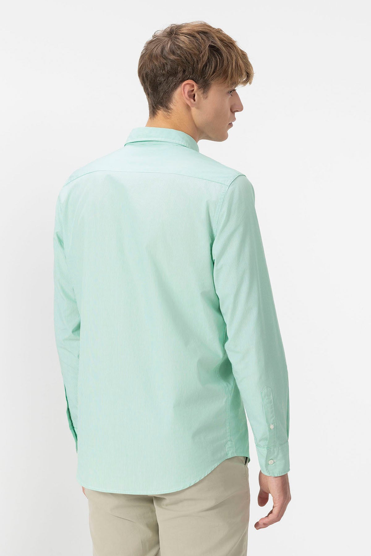 GREEN STRIPED POPLIN BUTTON-UP COLLAR SHIRT