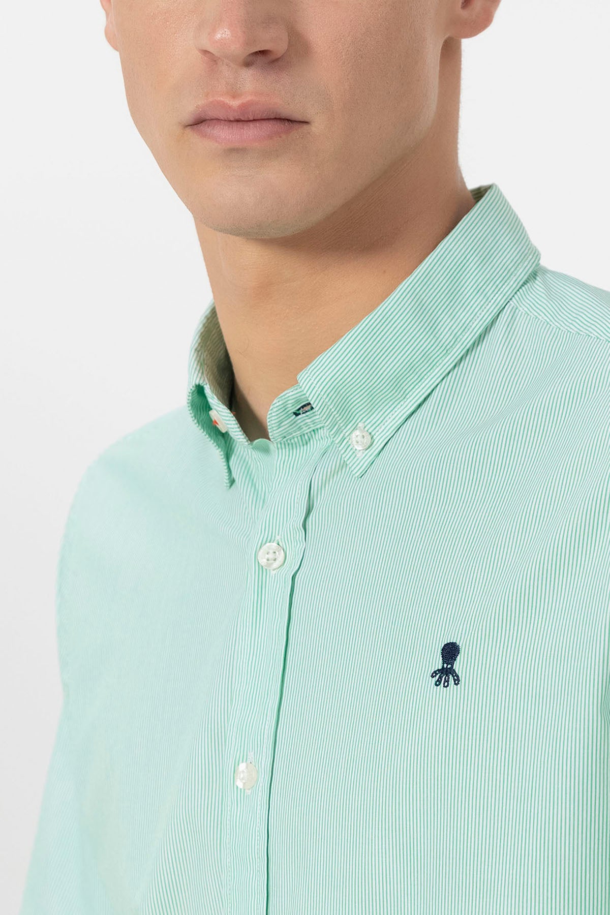 GREEN STRIPED POPLIN BUTTON-UP COLLAR SHIRT