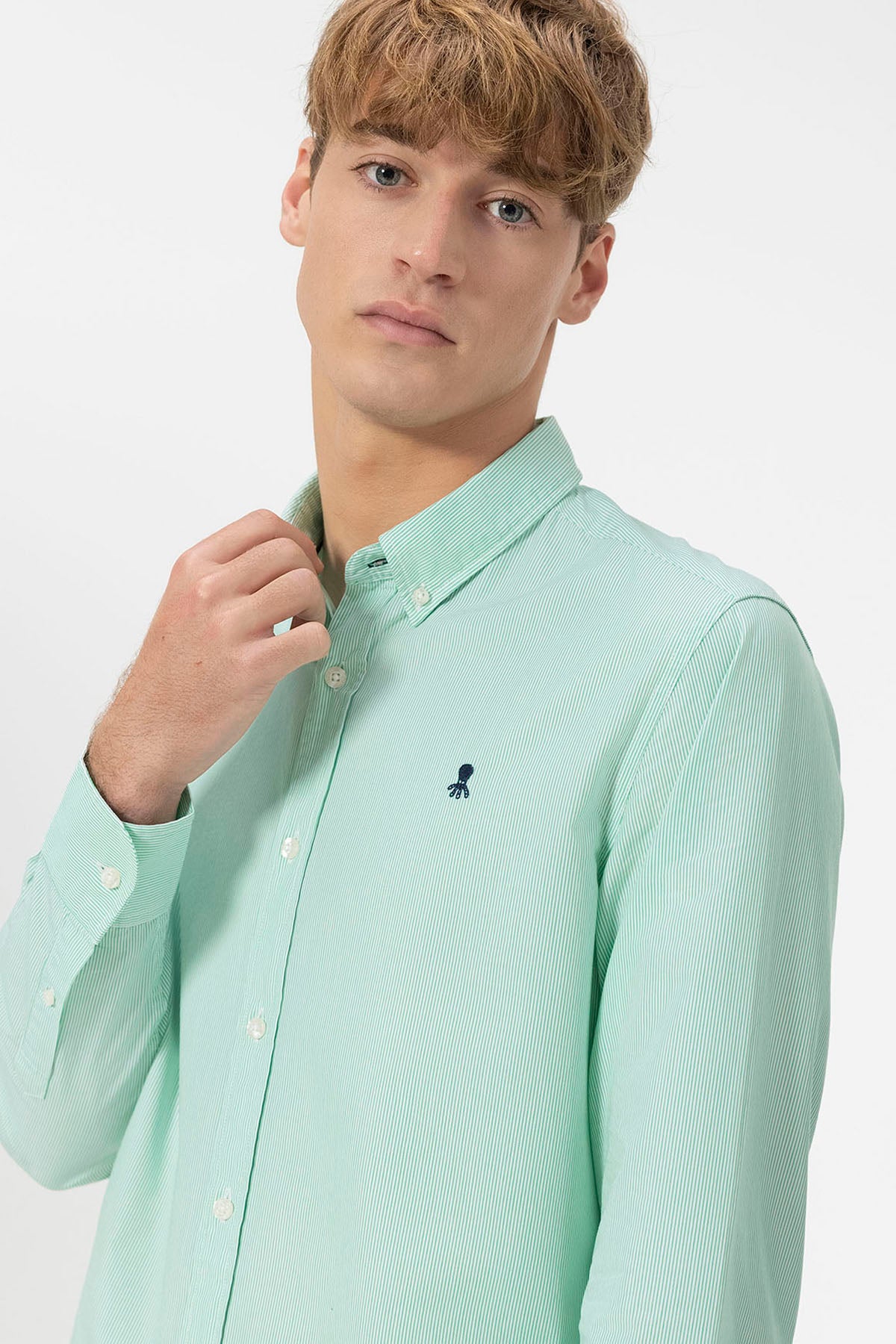 GREEN STRIPED POPLIN BUTTON-UP COLLAR SHIRT