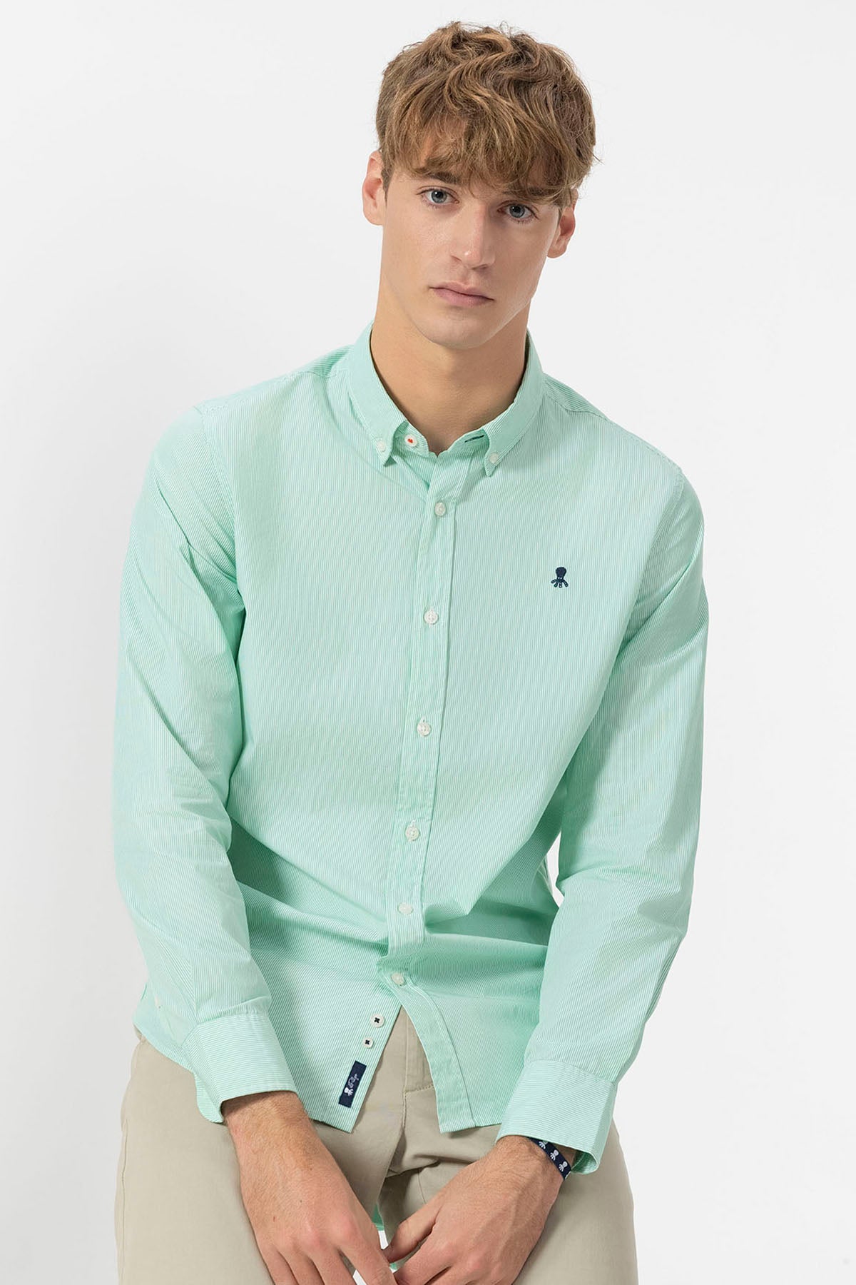 GREEN STRIPED POPLIN BUTTON-UP COLLAR SHIRT