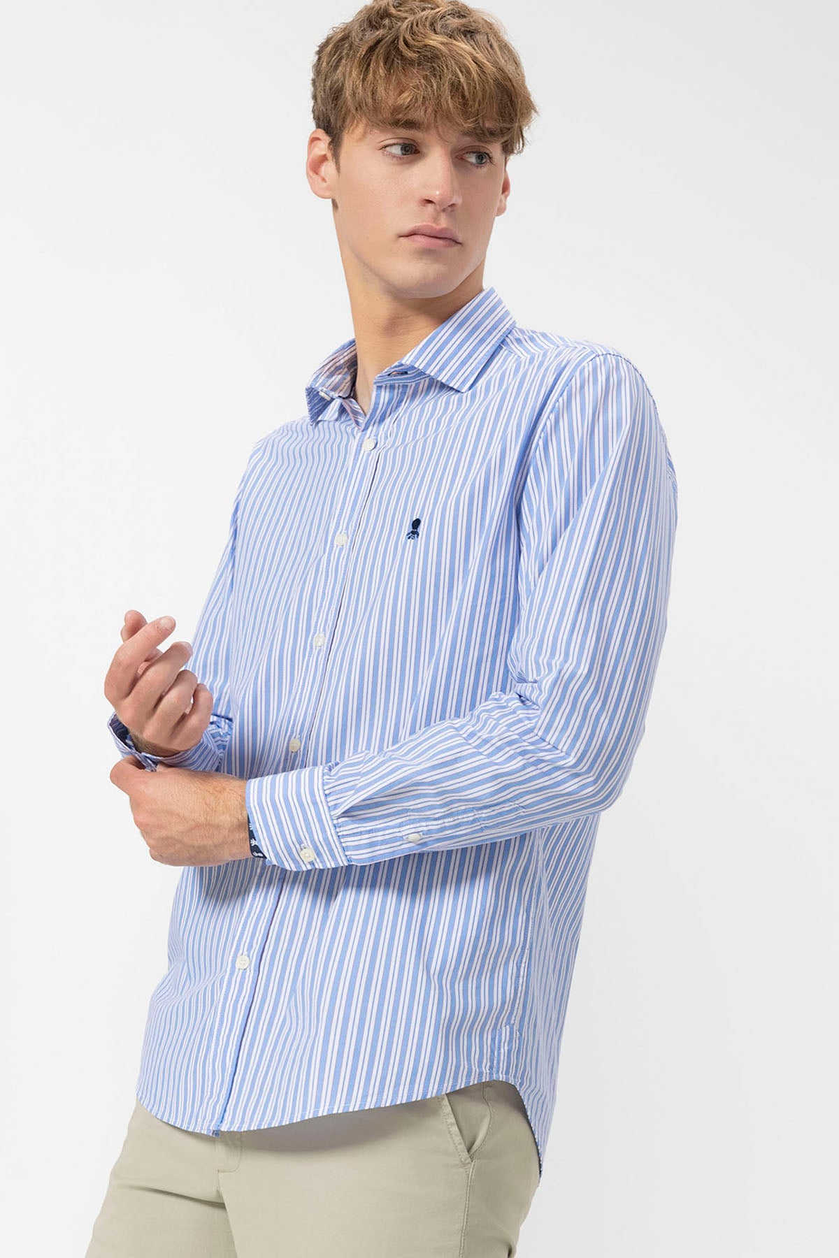 ITALIAN COLLAR SHIRT MULTI-STRIPE POPLIN BLUE MULTICOLOR