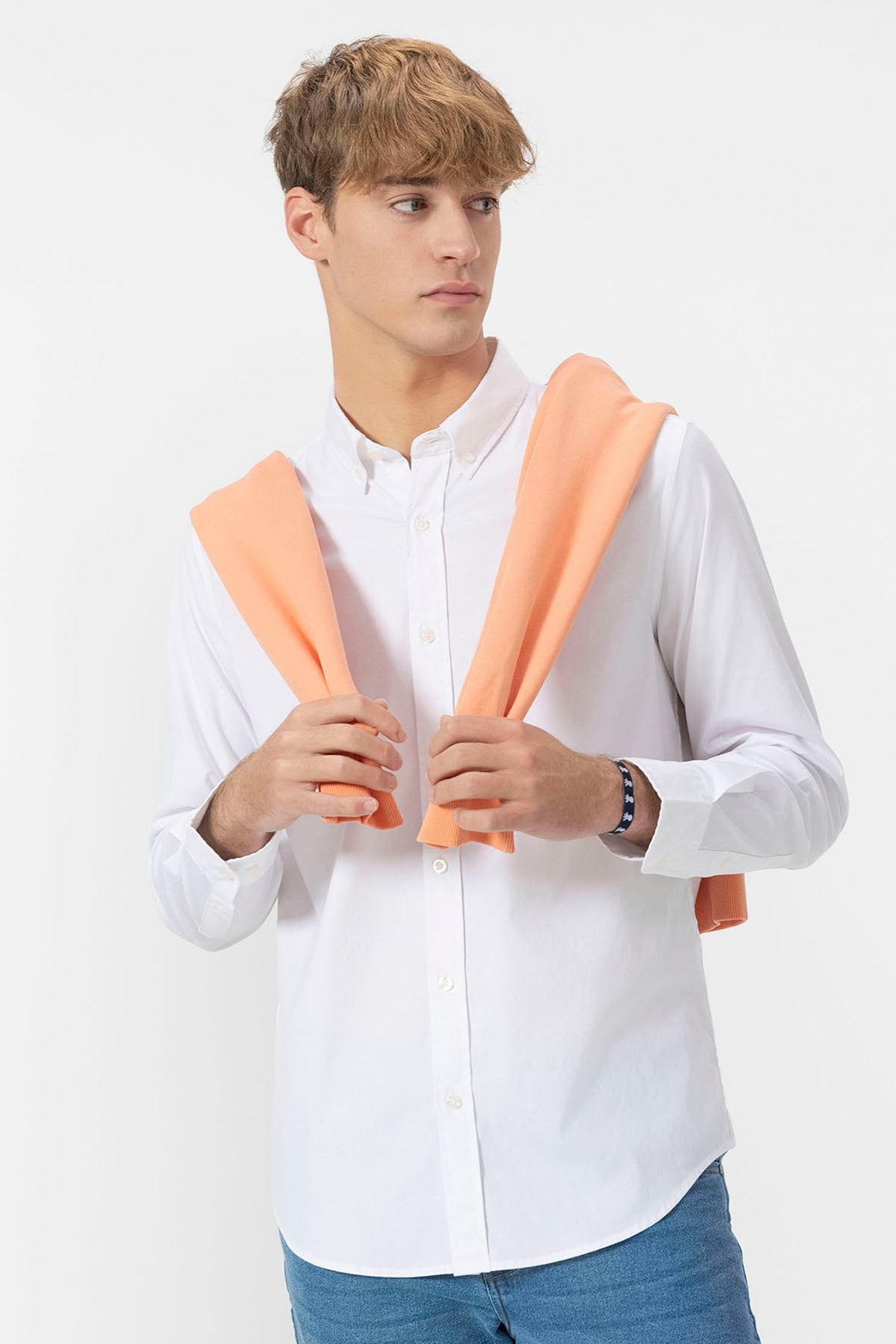 PURE WHITE STRETCH POPLIN BUTTON-UP COLLAR SHIRT