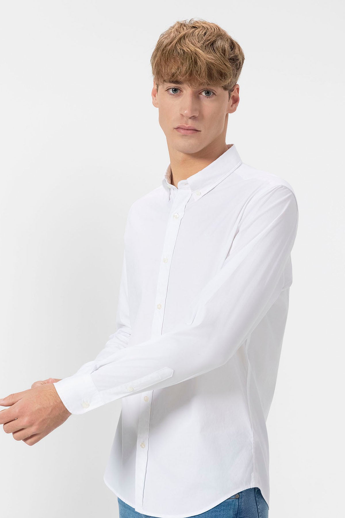 PURE WHITE STRETCH POPLIN BUTTON-UP COLLAR SHIRT