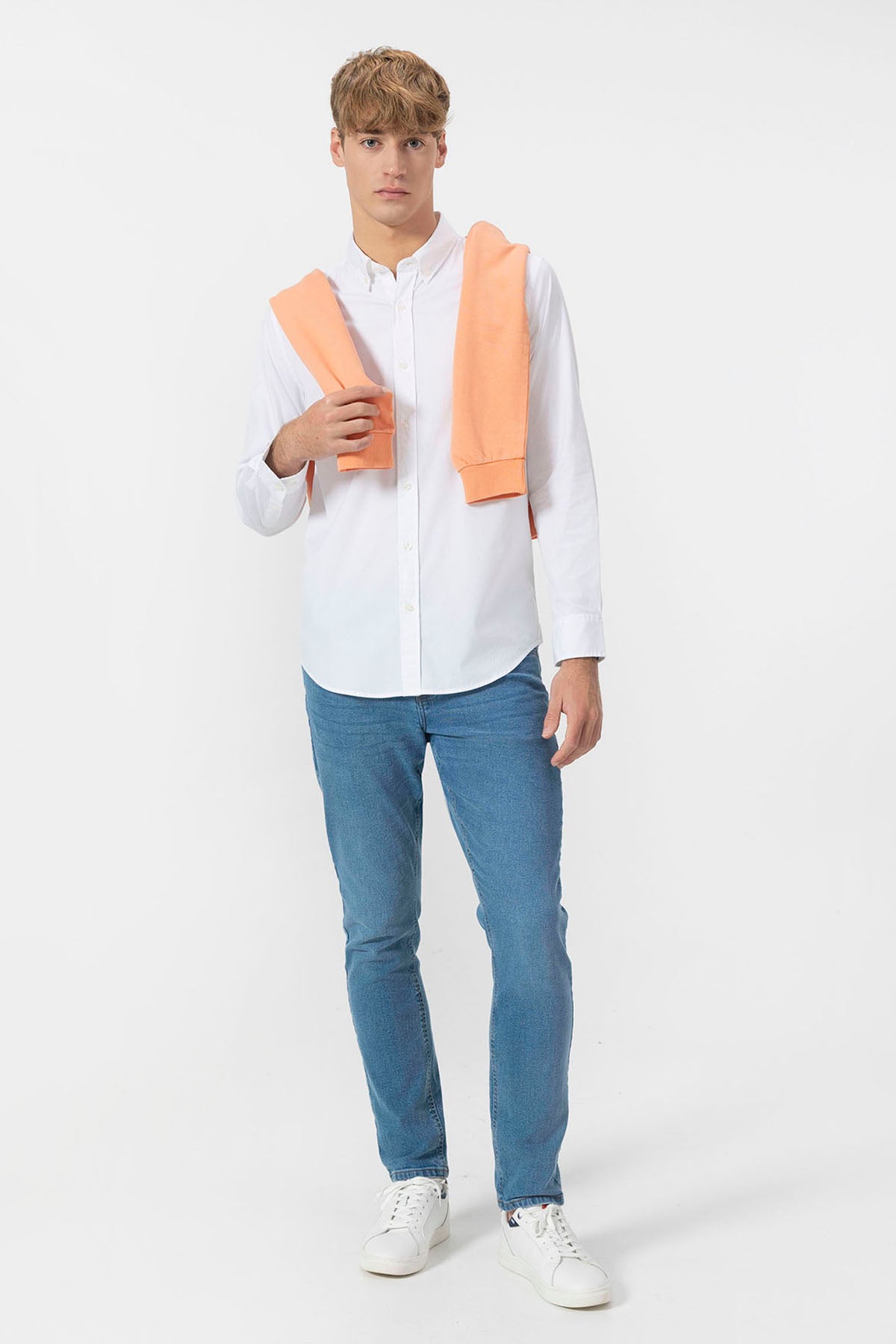 PURE WHITE STRETCH POPLIN BUTTON-UP COLLAR SHIRT