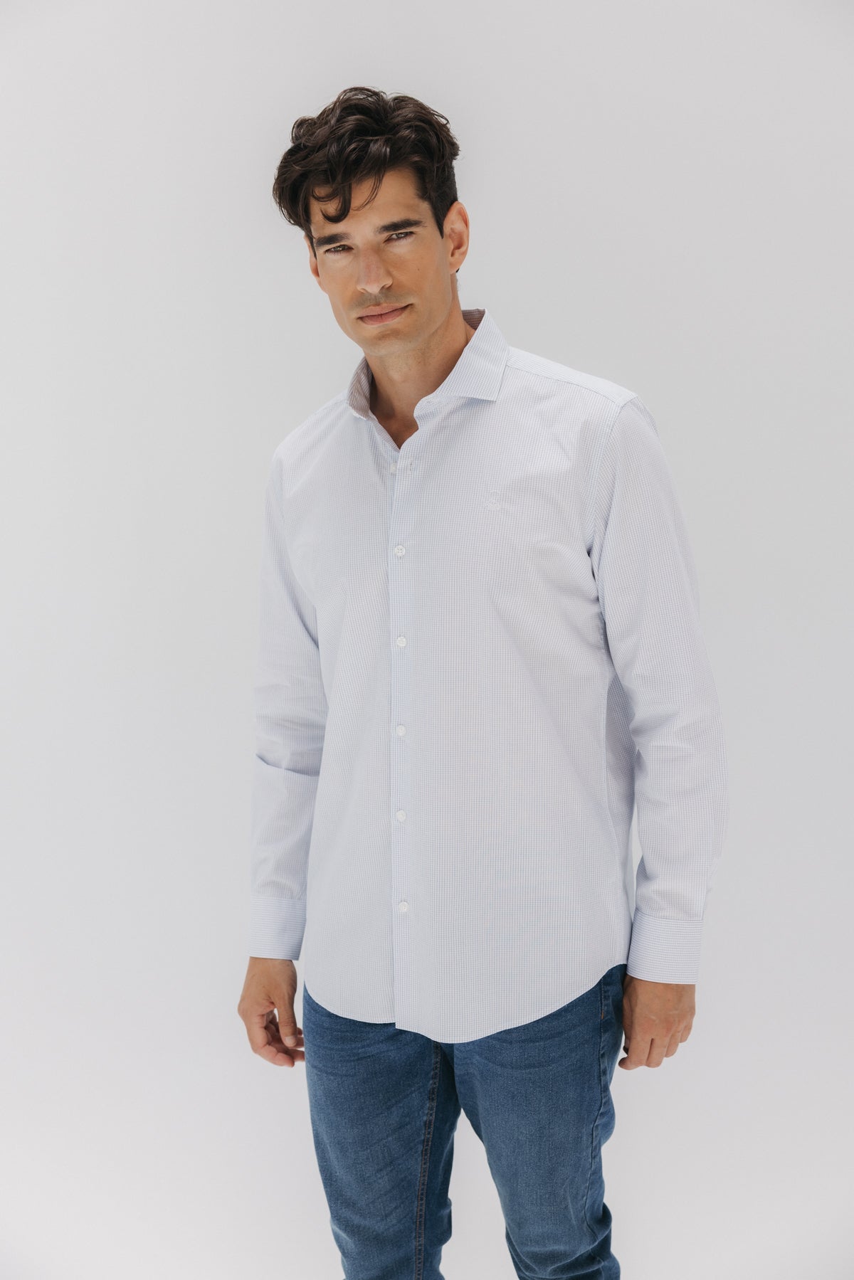 Camisa semivestir popelín cuadro ventana azul celeste