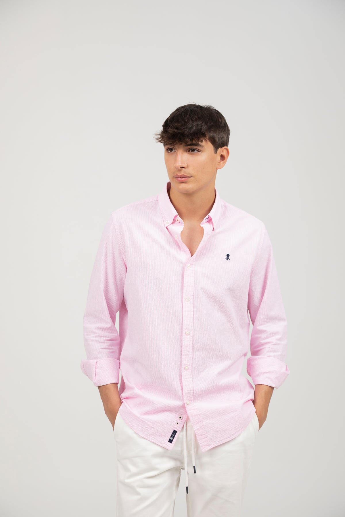 Pink seersucker micro-stripe casual shirt