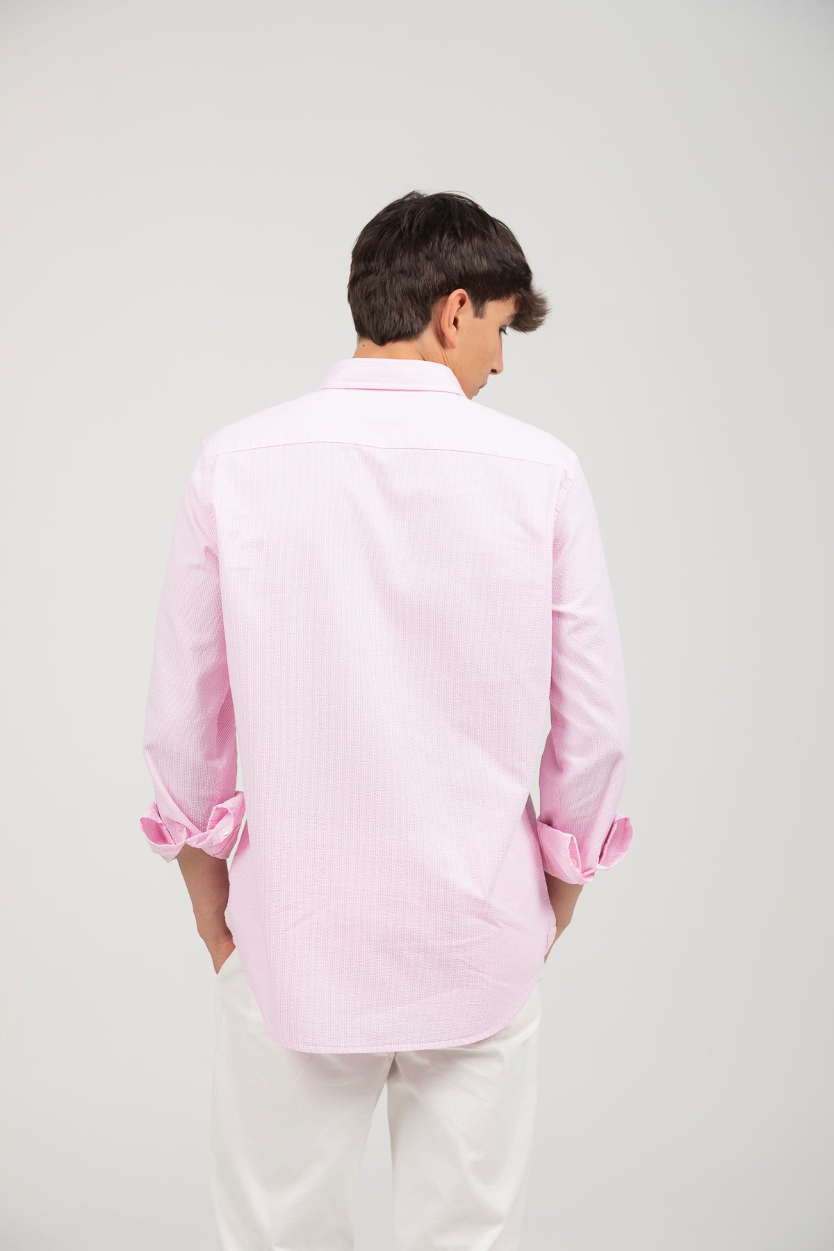 Pink seersucker micro-stripe casual shirt
