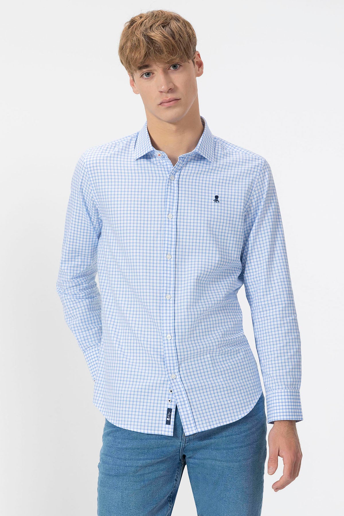 CAMISA CUELLO ITALIANO OXFORD VICHY AZUL