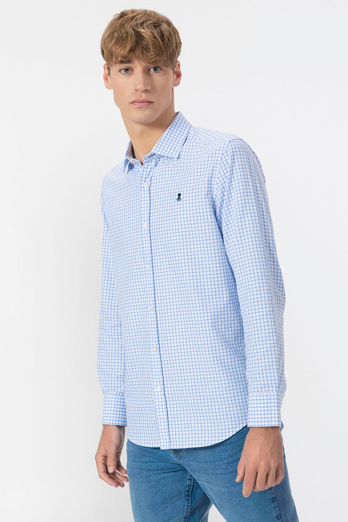 BLUE VICHY OXFORD ITALIAN COLLAR SHIRT