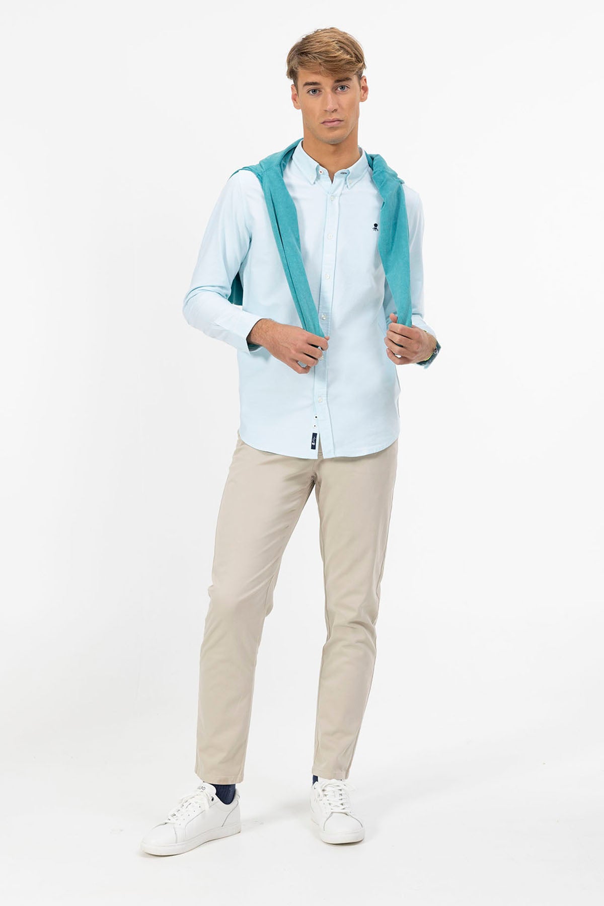 TURQUOISE BLUE OXFORD BUTTON COLLAR SHIRT