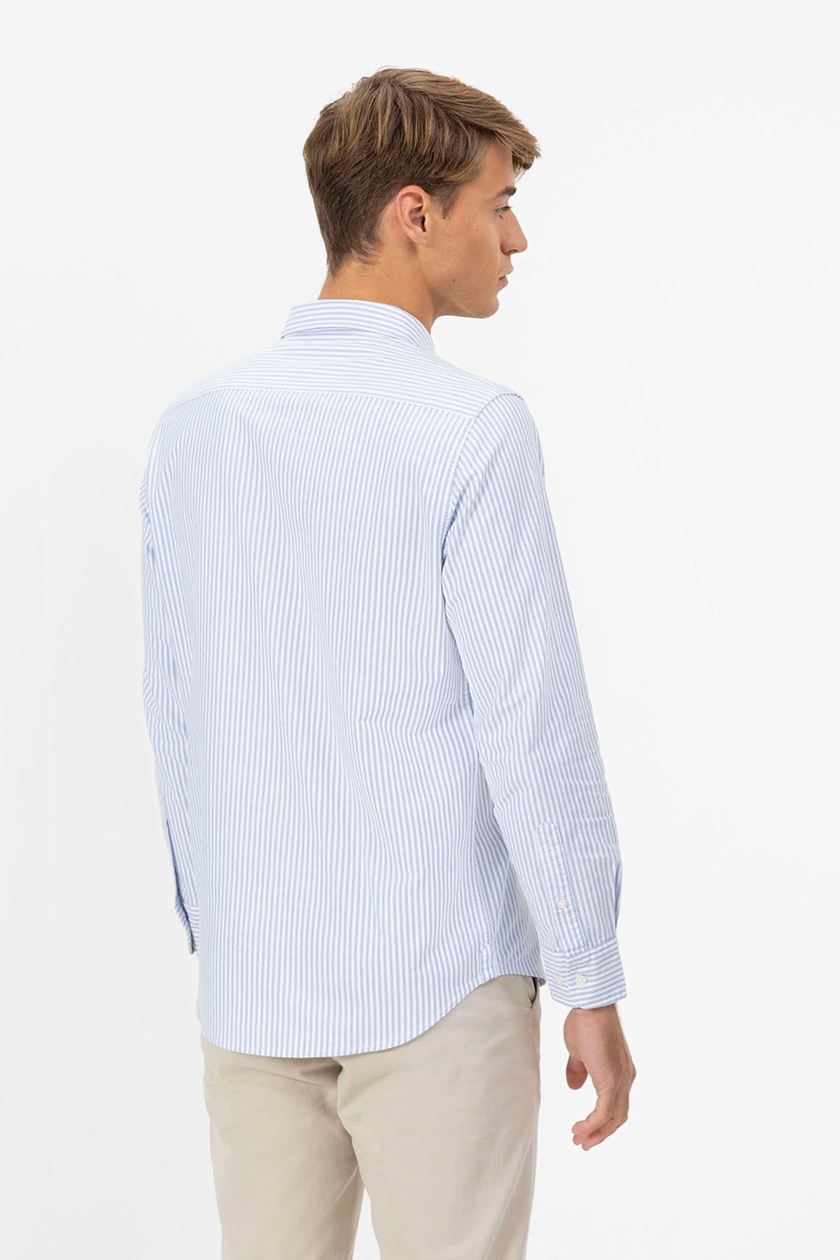 BLUE STRIPED BUTTON COLLAR OXFORD SHIRT