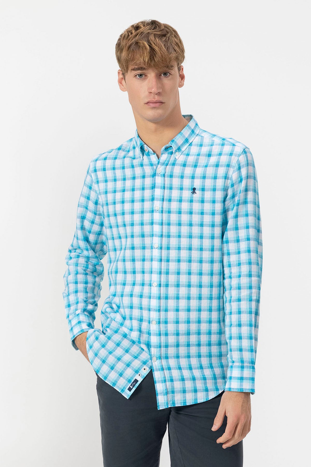 BLUE CHECKED LINEN BUTTON COLLAR SHIRT