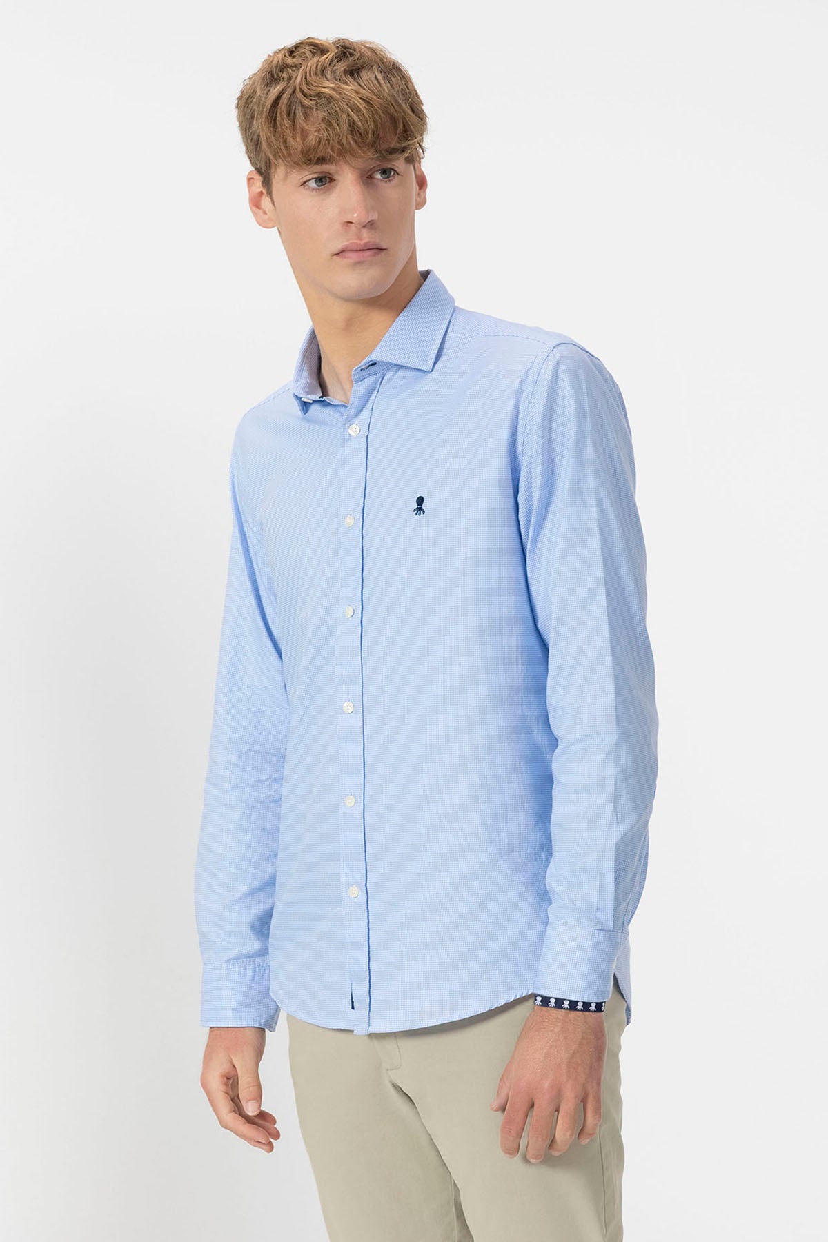 SKY BLUE LINEN MICRO HOUNDSTOOTH ITALIAN COLLAR SHIRT