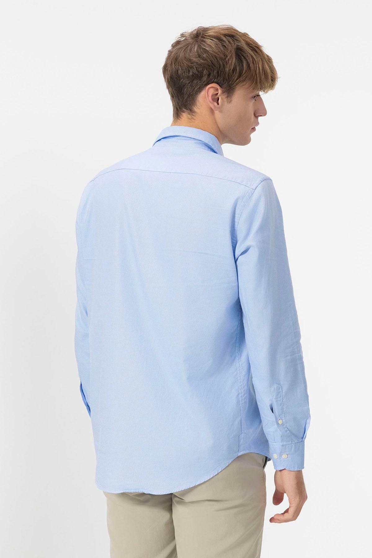 SKY BLUE LINEN MICRO HOUNDSTOOTH ITALIAN COLLAR SHIRT