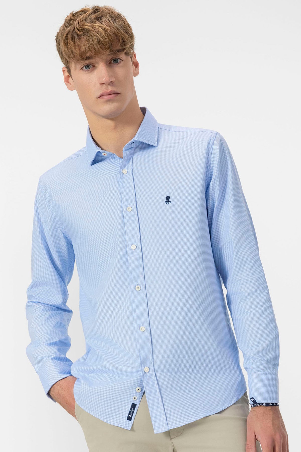 SKY BLUE LINEN MICRO HOUNDSTOOTH ITALIAN COLLAR SHIRT