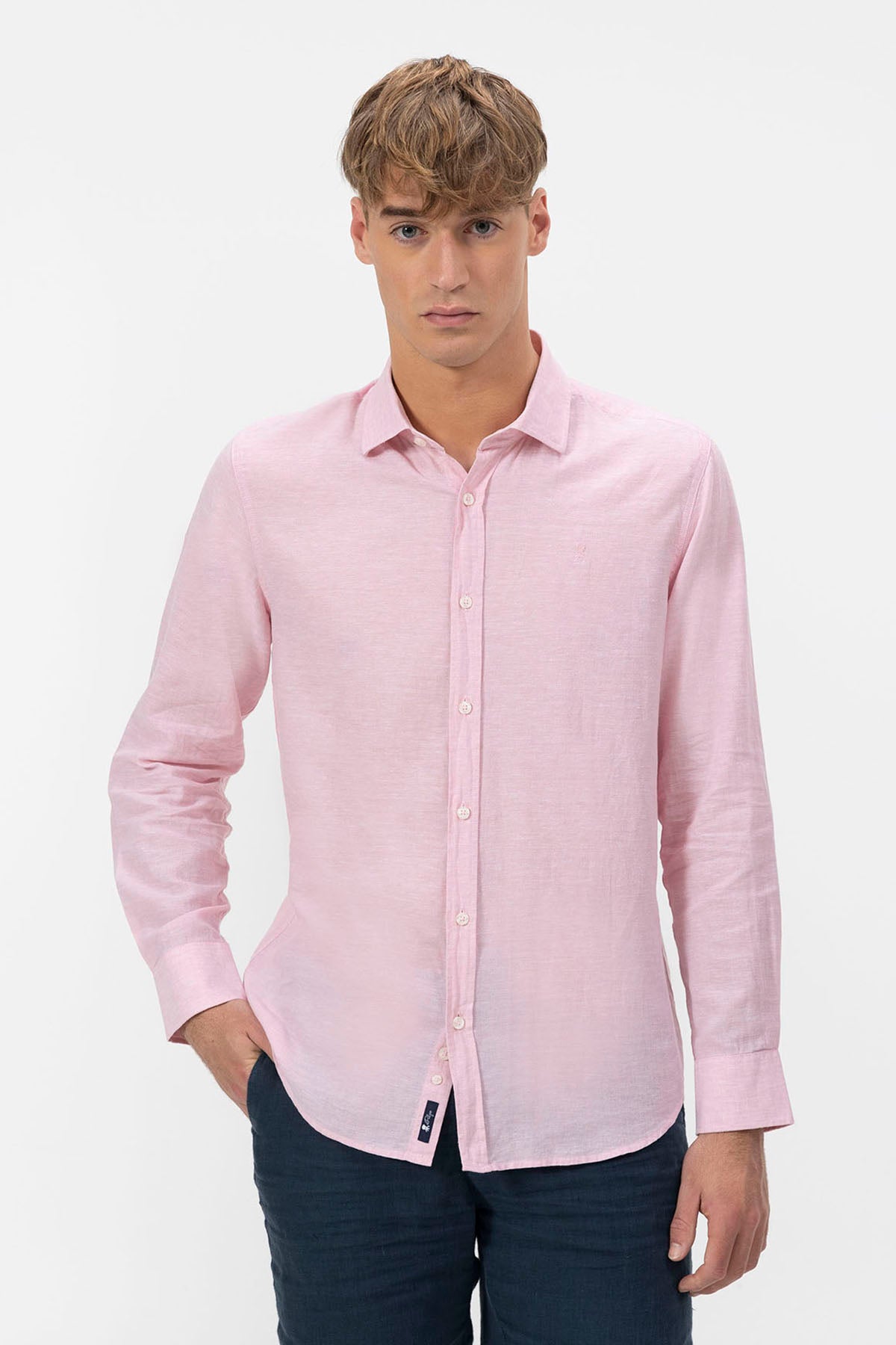 ITALIAN COLLAR SHIRT WITH LIGHT PINK LINEN