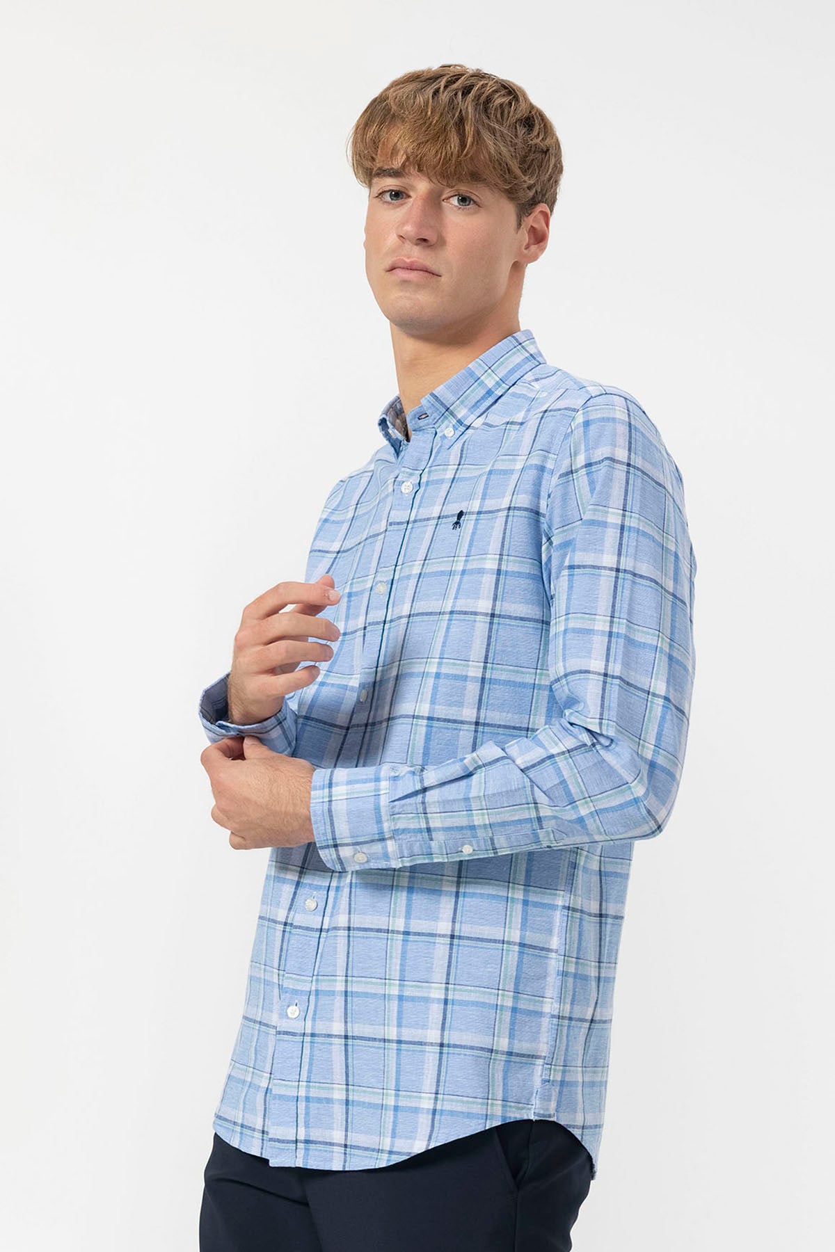 BLUE MULTICOLOR CHECKED LINEN BUTTON COLLAR SHIRT