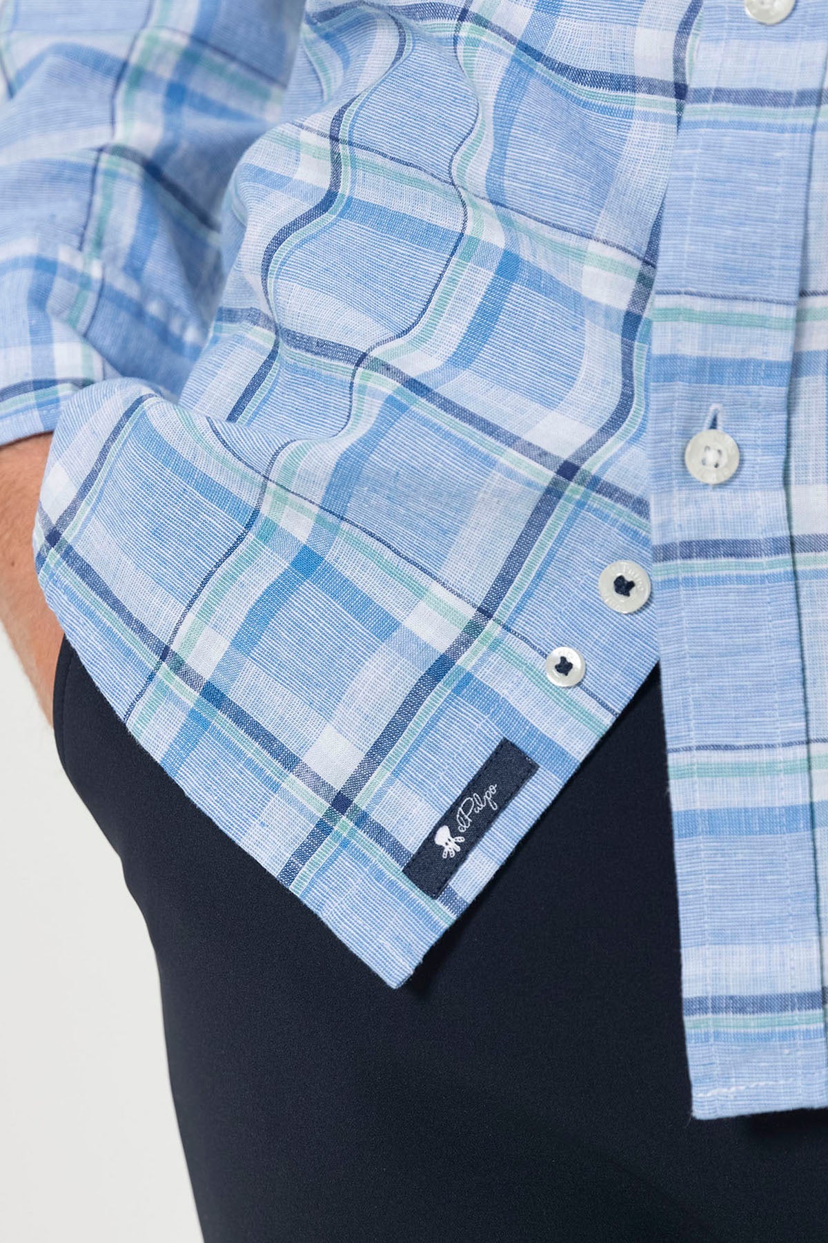 BLUE MULTICOLOR CHECKED LINEN BUTTON COLLAR SHIRT