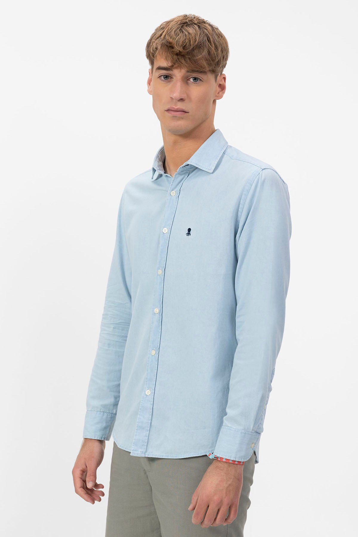 INDIGO BLEACH DENIM ITALIAN COLLAR SHIRT