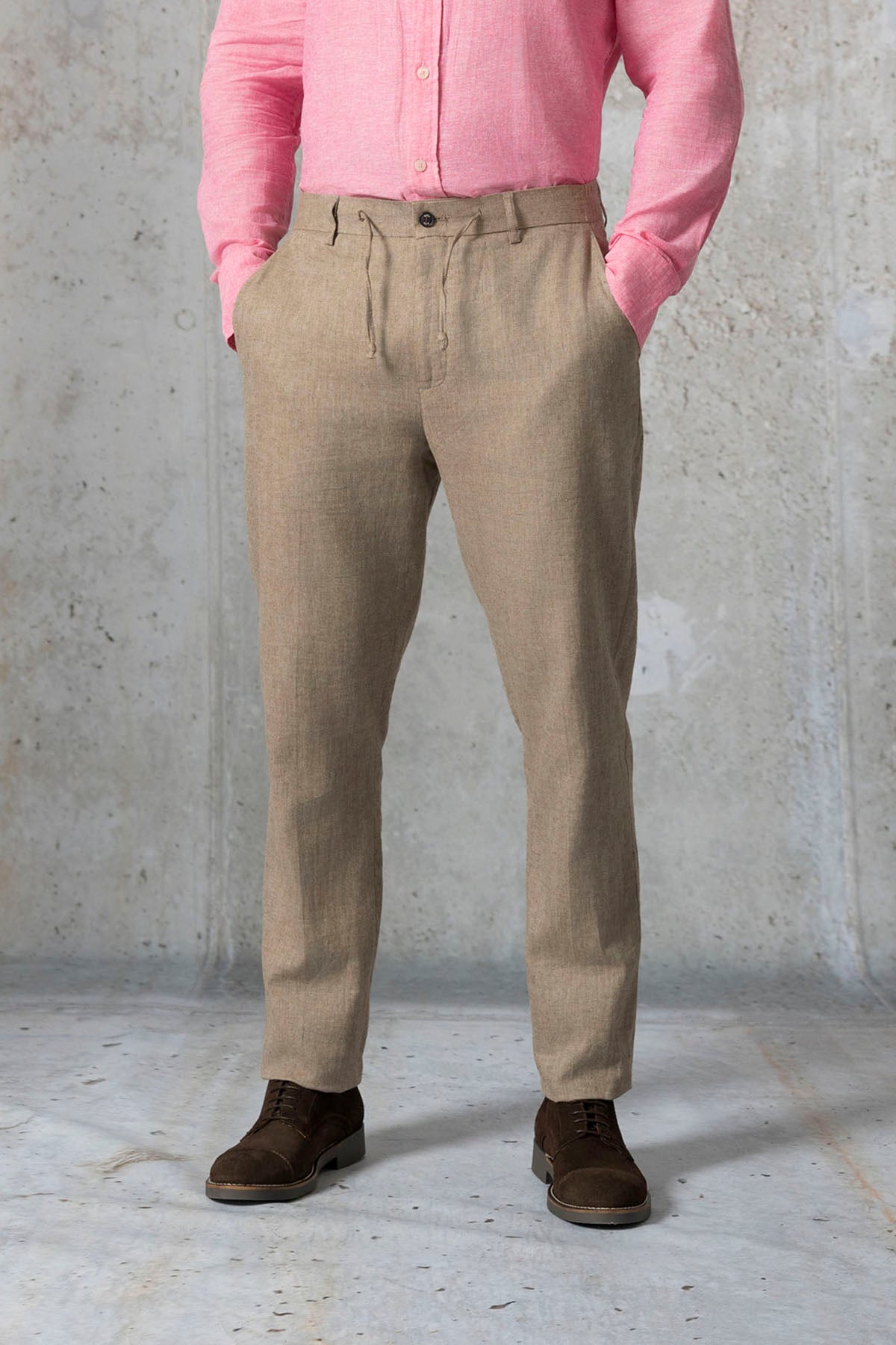 HERRINGBONE DRAWSTRING PANTS WITH BEIGE LINEN