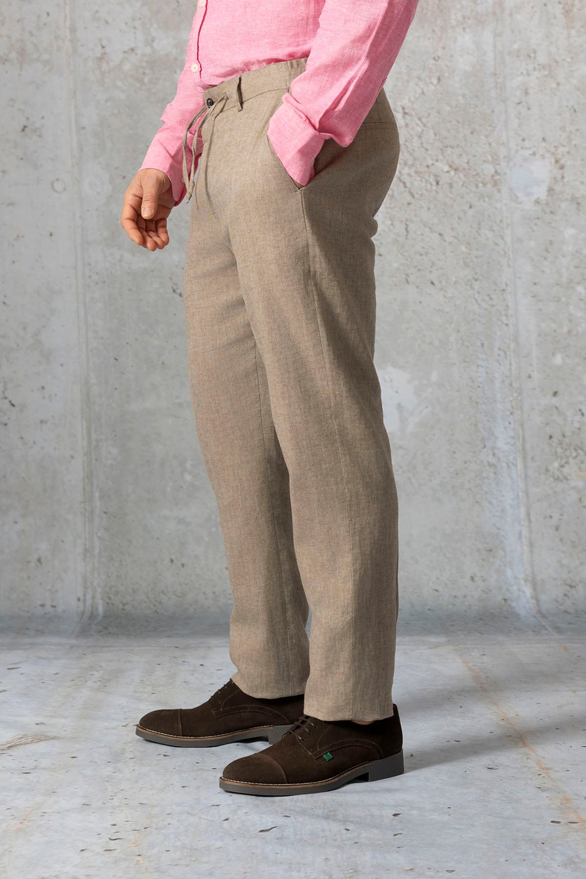 PANTALÓN CORDÓN ESPIGA CON LINO BEIGE