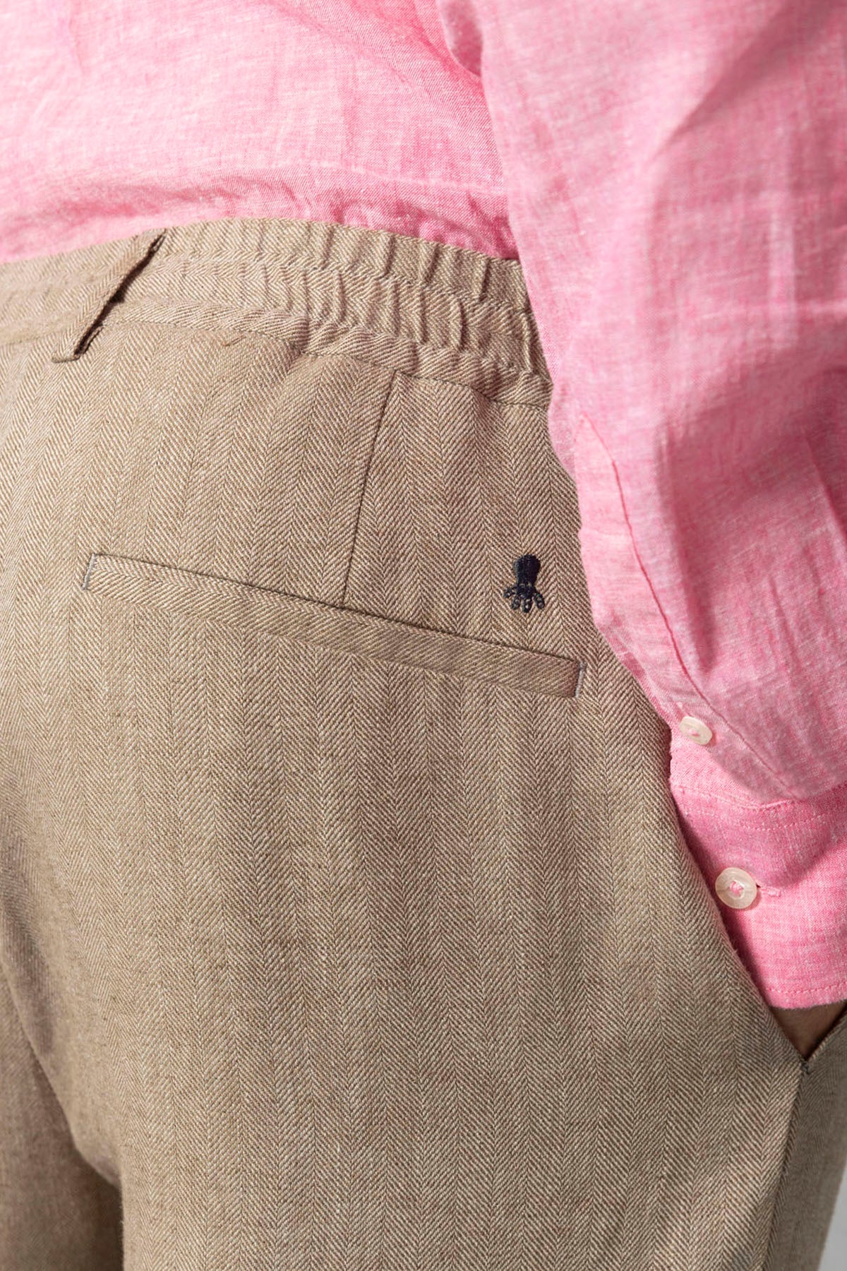 PANTALÓN CORDÓN ESPIGA CON LINO BEIGE