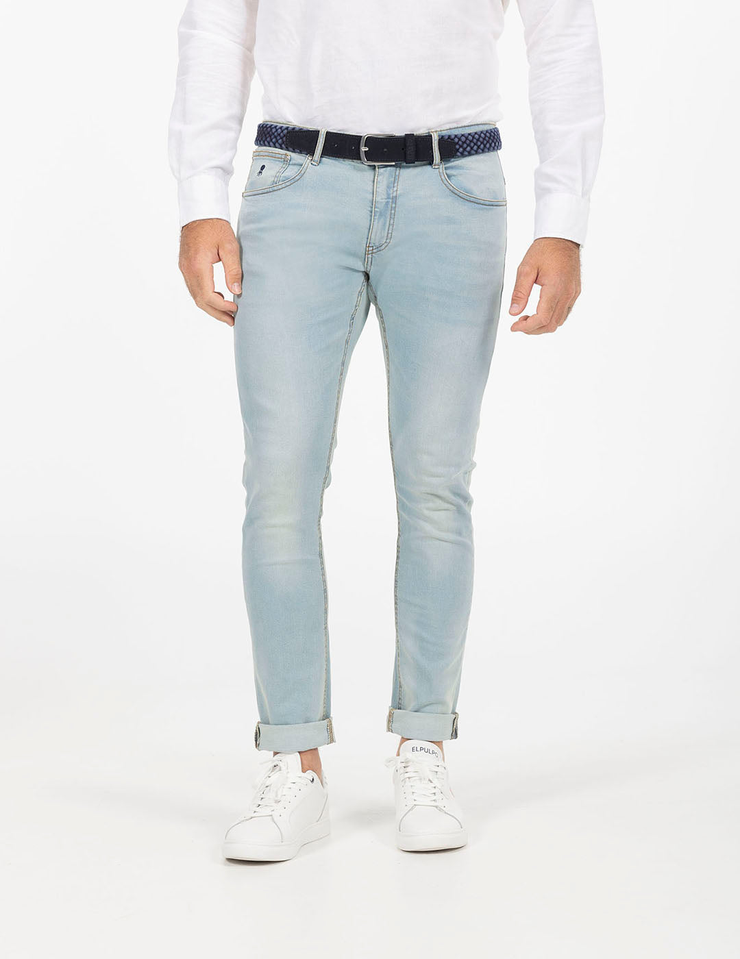 SLIM FIT FIVE POCKET DENIM PANTS INDIGO BLEACH