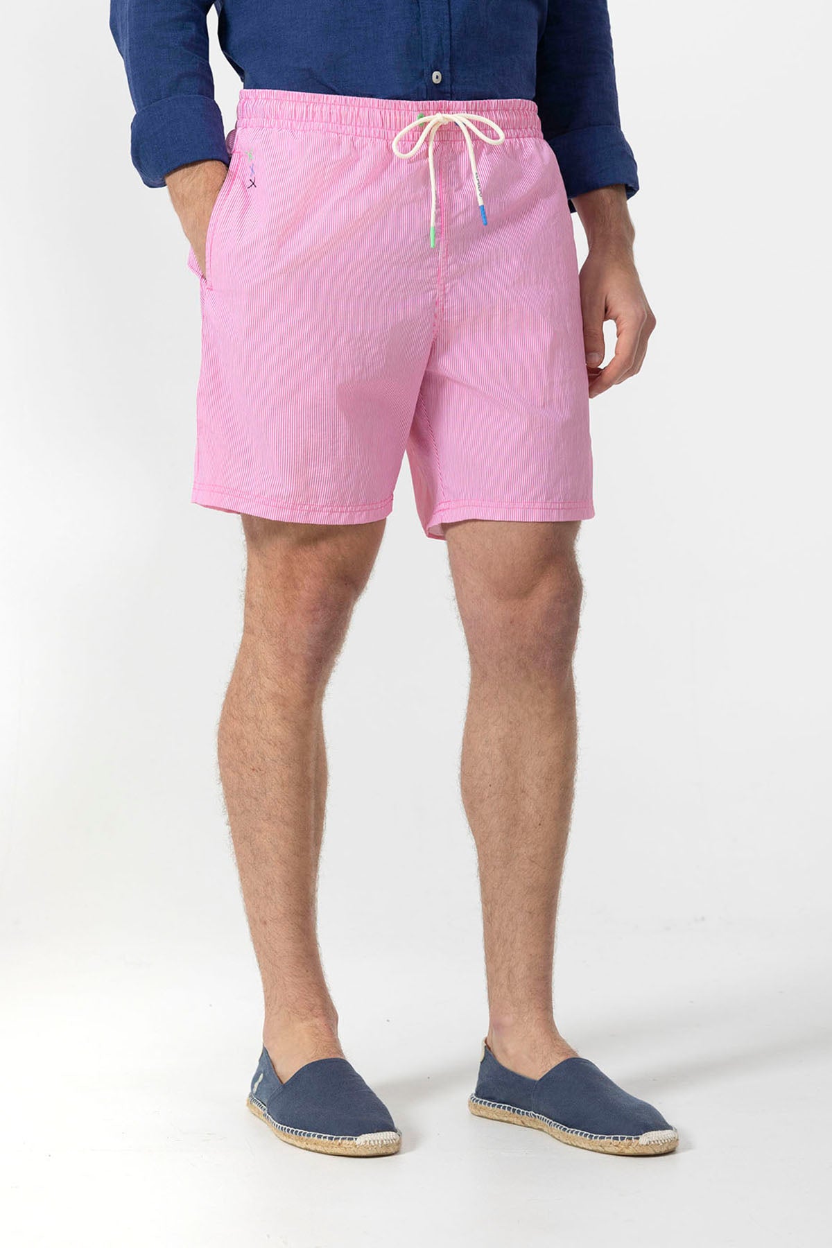 MICROTRIPE SWIMSUIT WITH CONTRASTING EMBROIDERED LOGO IN GUM PINK