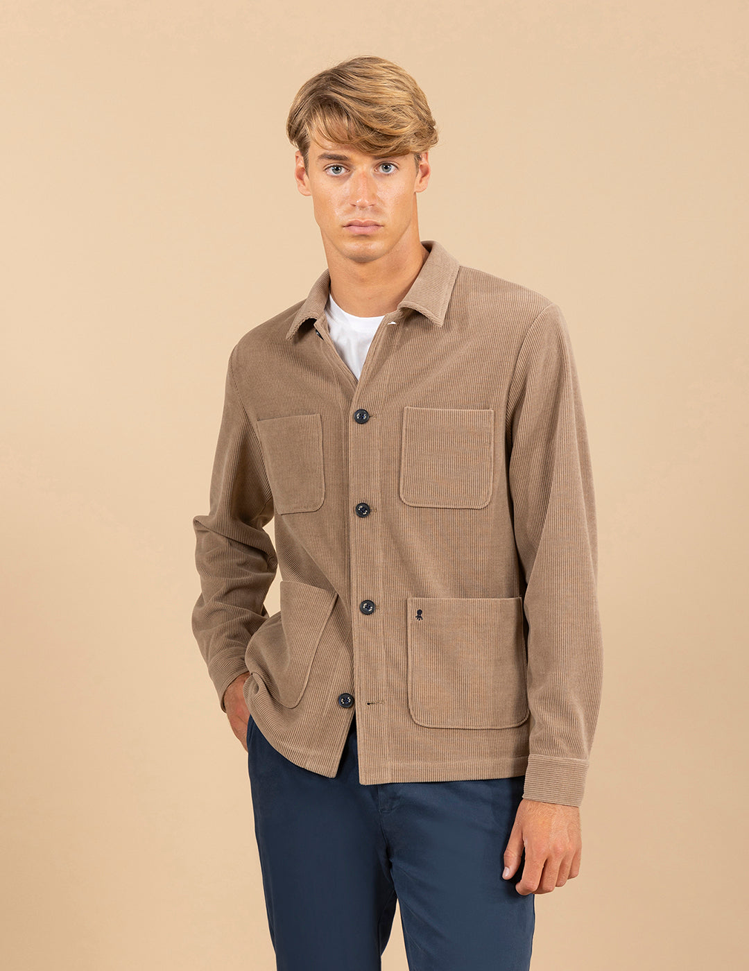 CAMEL RIBBED KNIT OVERSHIRT