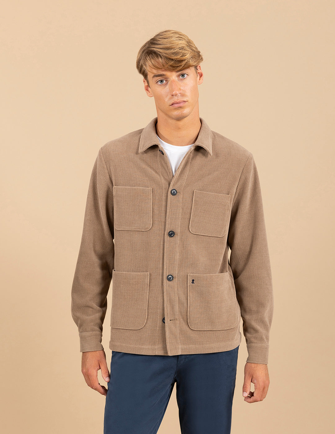 CAMEL RIBBED KNIT OVERSHIRT